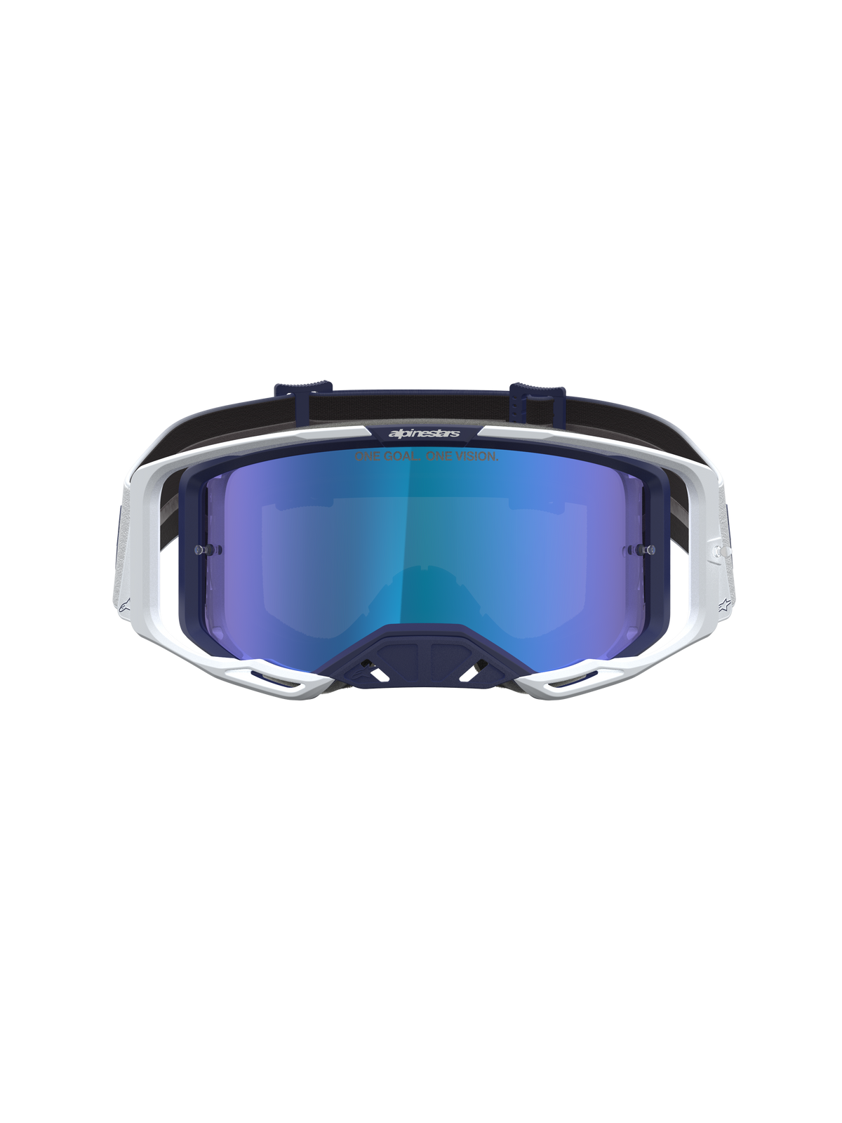 Alpinestars Vision 8 Amber Mirror goggles, motocross-goggles i mørkeblå og hvid med blå spejllinse og RAM-AIR ventilation.