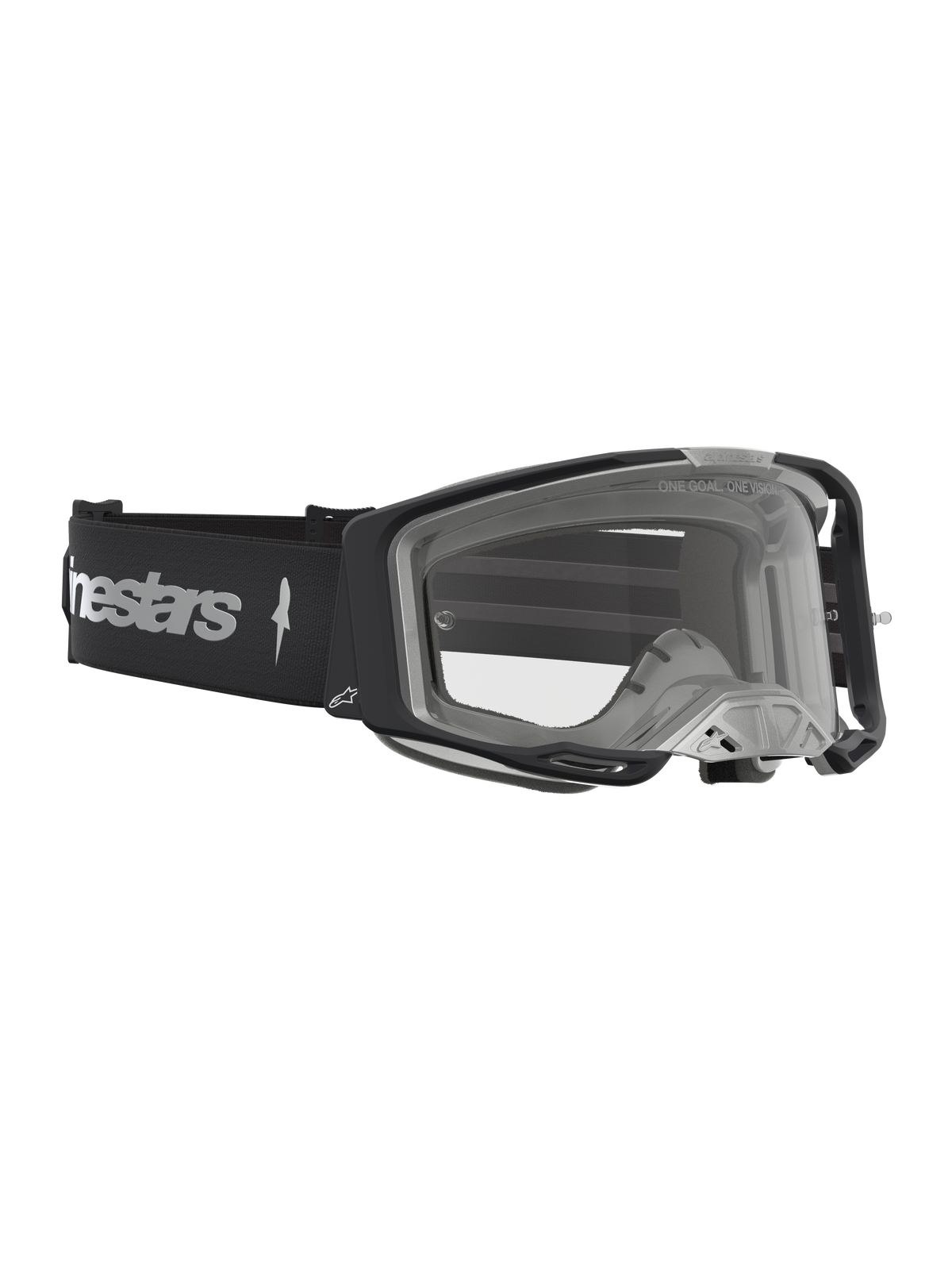 Alpinestars Vision 8 Amber motocrossgoggles, sort og sølv, klar linse med A-FLEX-ramme og RAM-AIR ventilationssystem.