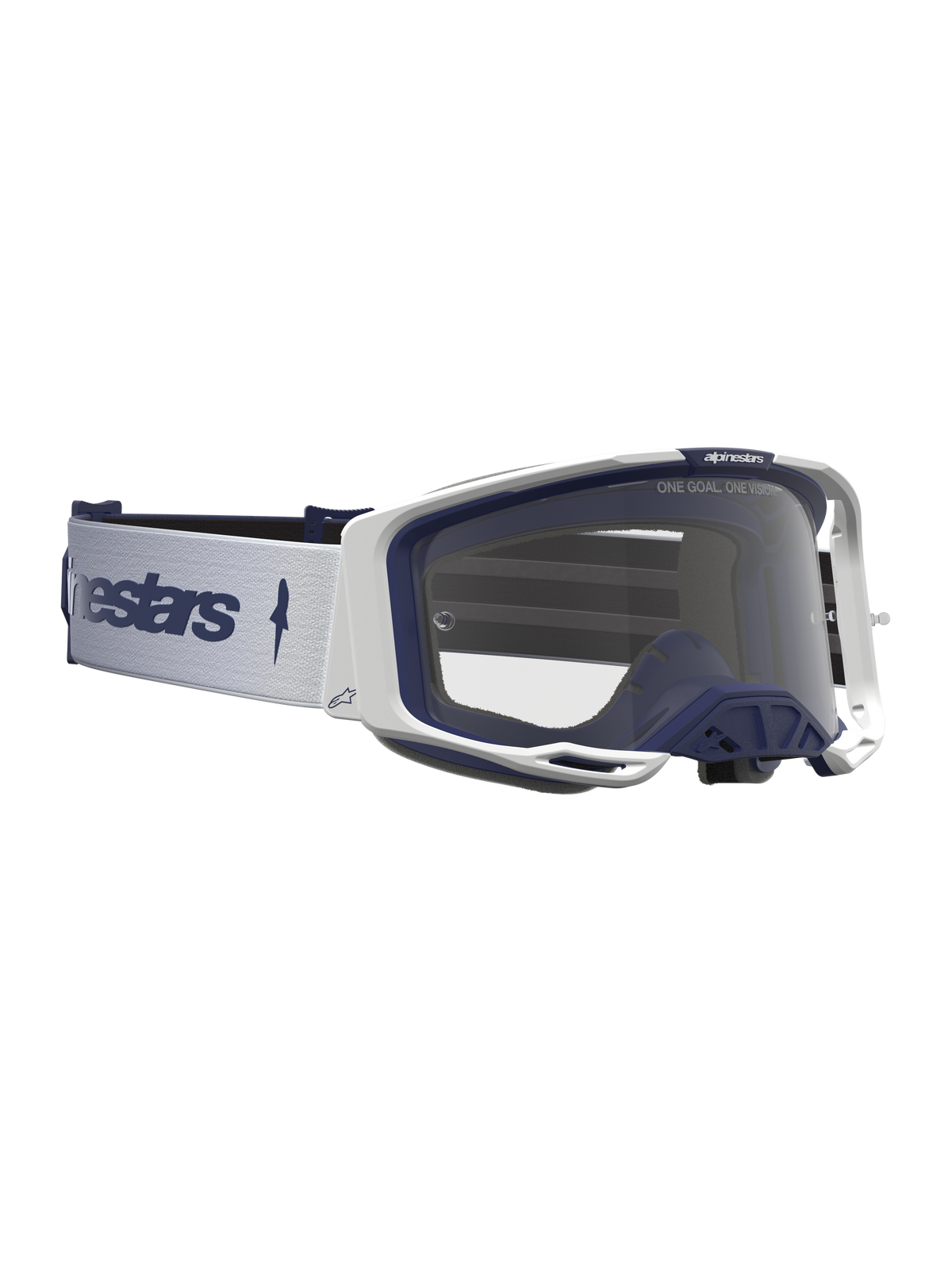 Alpinestars Vision 8 Amber goggles, hvide og navyblå med klar linse og A-FLEX ramme til motocrossløb.