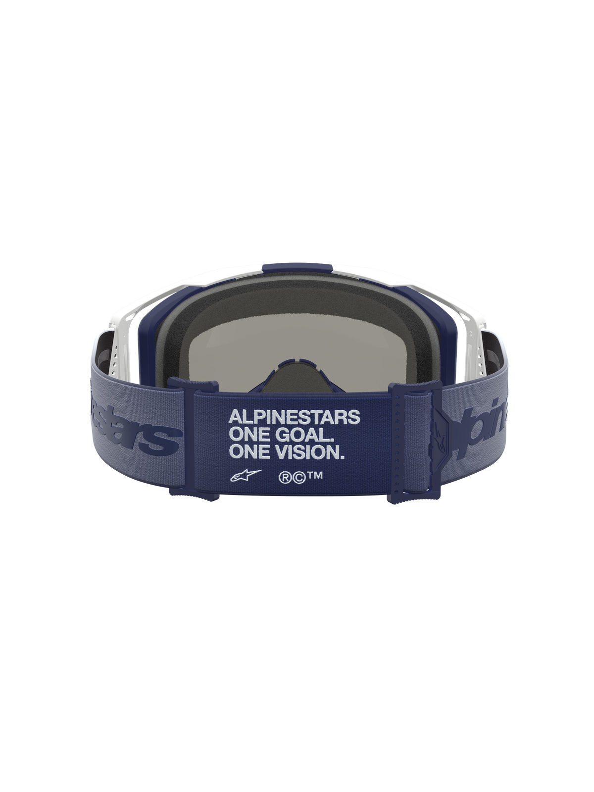 Alpinestars Vision 8 Amber Goggles, hvid og navy goggles til motocross, set bagfra med brandmanifestet på remmen