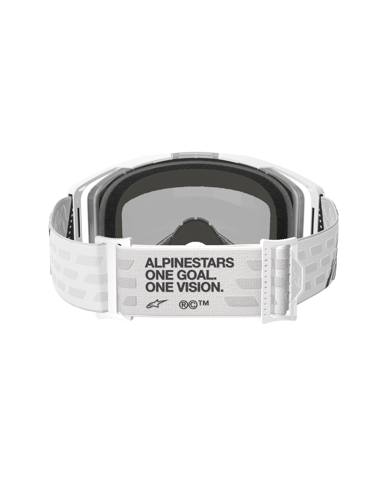 Alpinestars Vision 8 Corp Goggles, motocrossbriller, hvid med Mirror Silver-linse, set bagfra med en bred hvid vævet rem med sort 'ALPINESTARS ONE GOAL. ONE VISION.' tekst, justerbare spænder og behageligt ansigtsskum, designet til off-road præstation