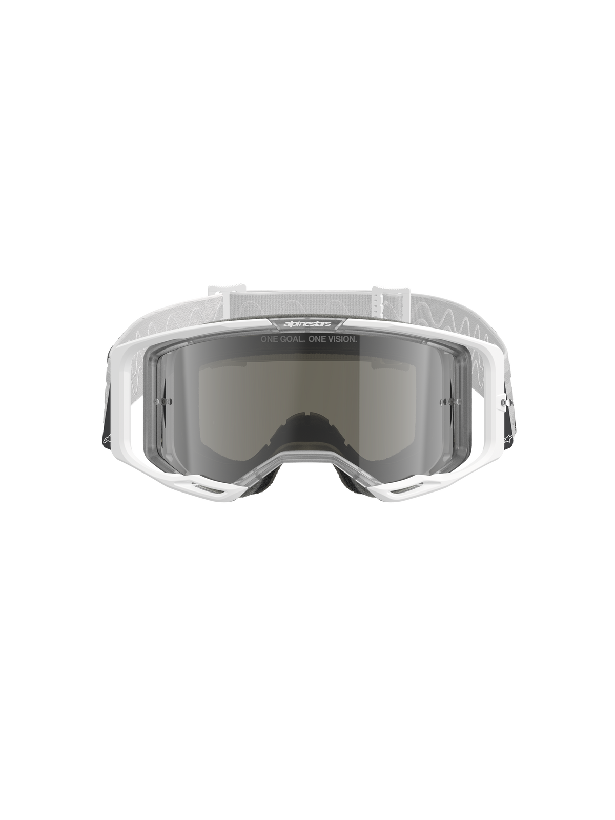 Alpinestars Vision 8 Corp-briller, motocross-briller, hvid med Mirror Silver-linse, set forfra, der viser den brede polycarbonatlinse, RAM-AIR ventilationssystem og hvid vævet rem med branding.