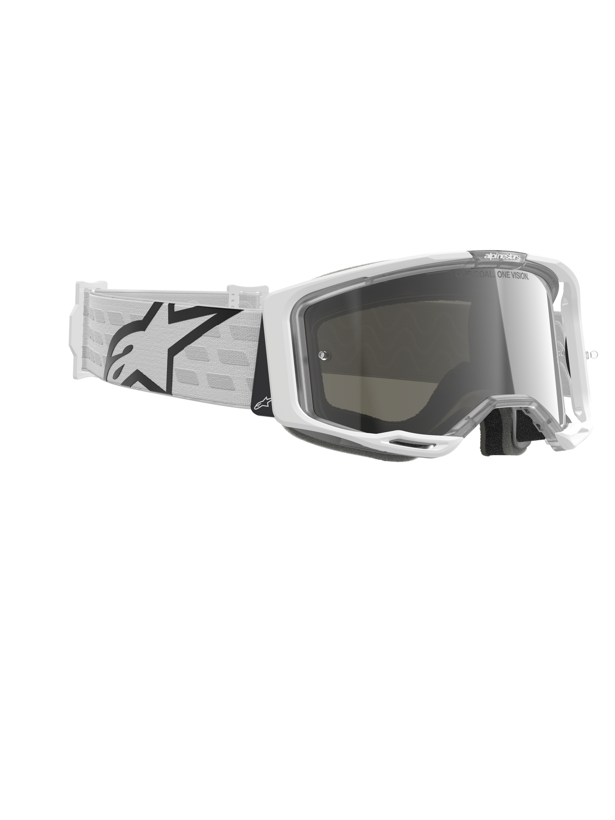 Alpinestars Vision 8 Corp Goggles, motocross-briller, hvid og Mirror Silver, med en hvid A-FLEX ramme, sølvfarvet spejllinse og en hvid vævet rem med et stort sort Alpinestars stjernelogo