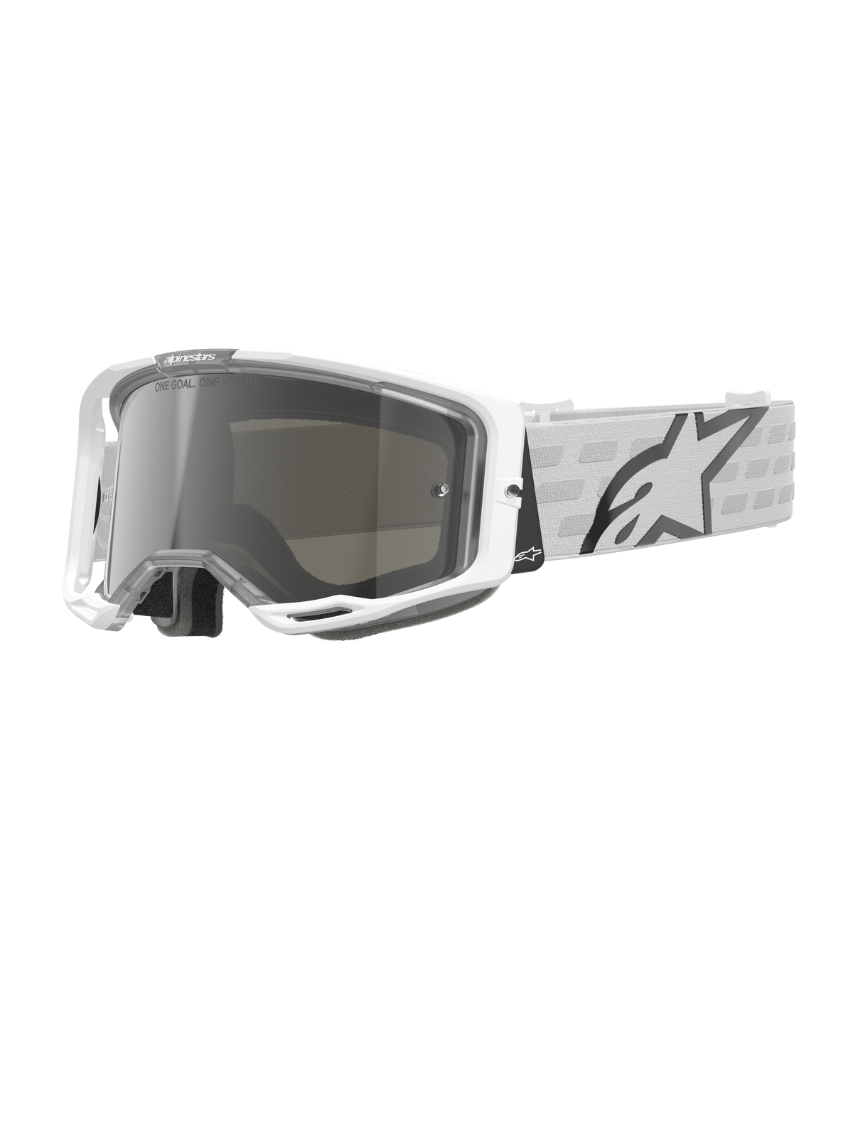 Alpinestars Vision 8 Corp crossbriller, hvide motocross-briller, sølv spejllinse, grå og hvid mønstret rem, off-road racerbriller, polstret komfortforing, moderne rektangulær ramme