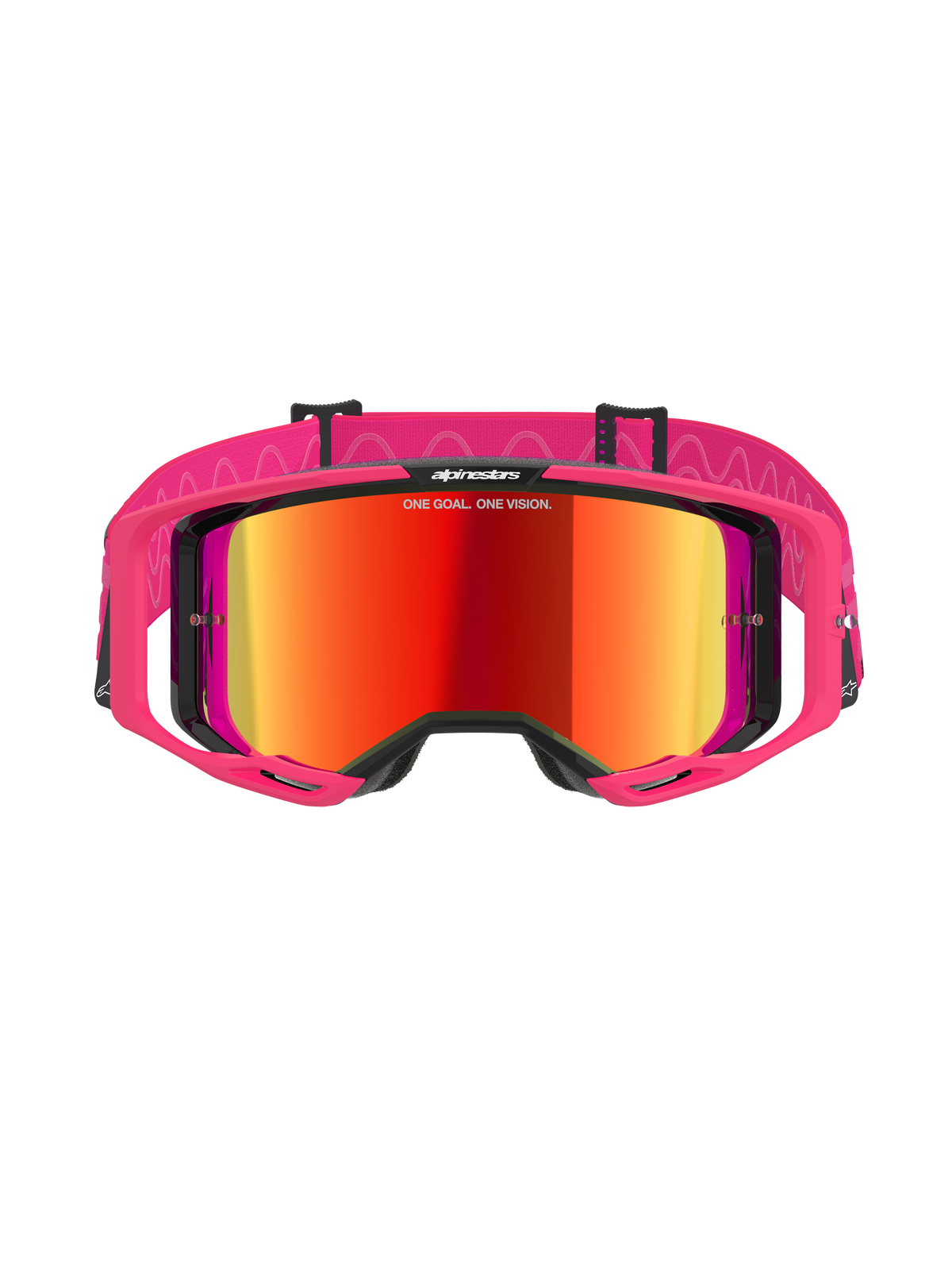 Alpinestars Vision 8 Corp-briller, motocross-briller, Pink Mirror Red, med en lyserød A-FLEX-ramme og rød spejllinse, lyserød rem med hvide bølgemønstre og logo, professionelt racing-udstyr til off-road