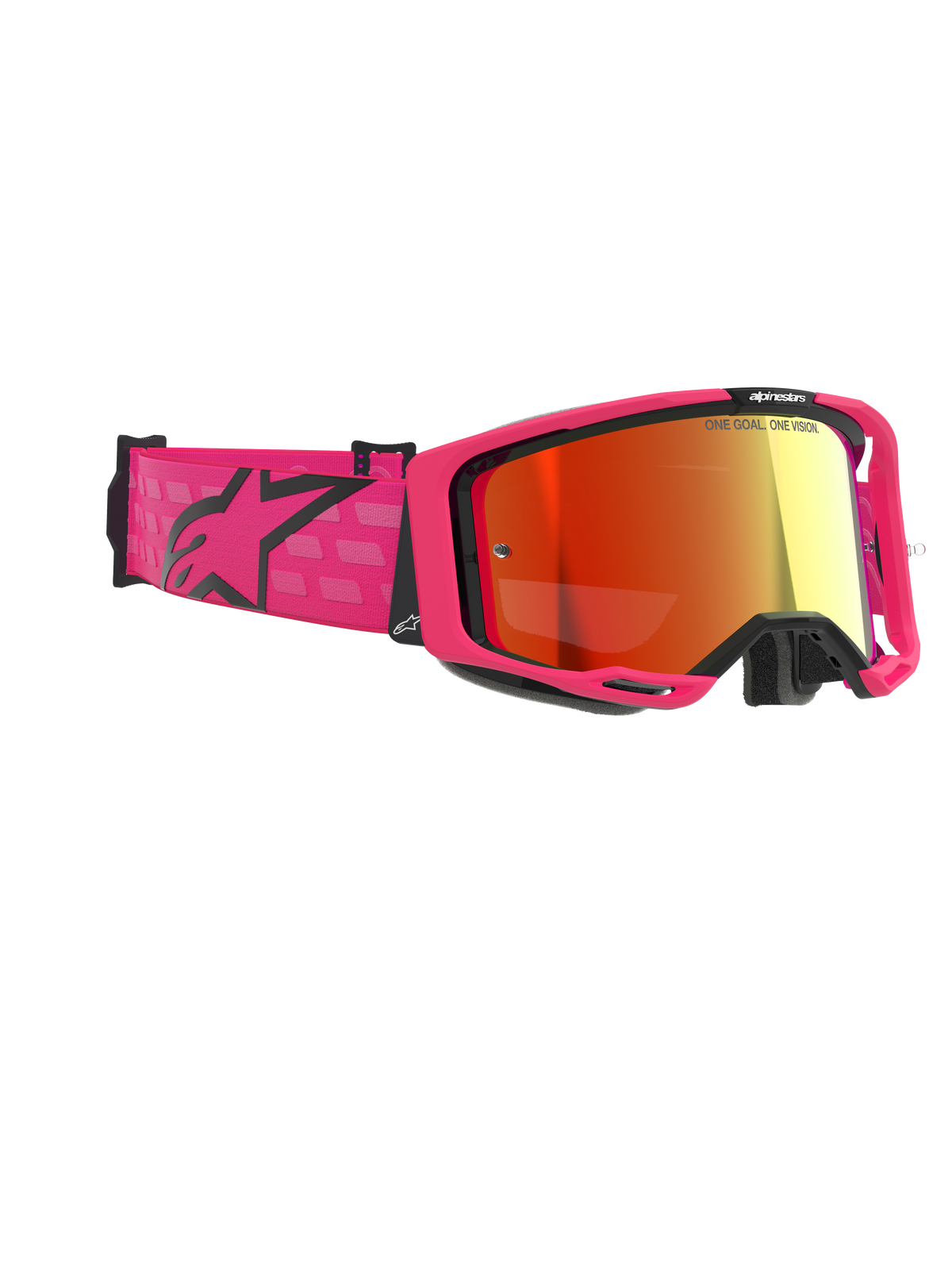 Alpinestars Vision 8 Corp Goggles, motocross-briller, pink og spejlrød, med en lys pink ramme og bred rem med et sort Alpinestars-logo, rød spejlbelagt anti-dug linse, højtydende beskyttelsesbriller til off-road racing