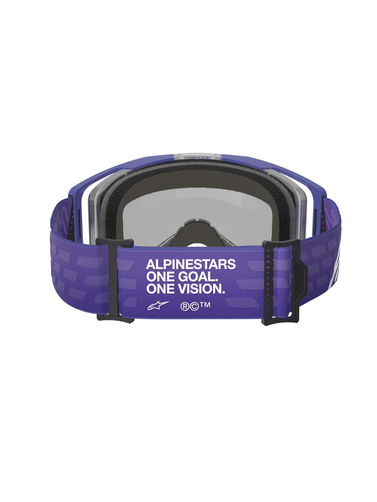 Alpinestars Vision 8 Corp Goggles, lilla, set bagfra med bred lilla rem med hvid 'ALPINESTARS ONE GOAL. ONE VISION.'-tekst, sorte detaljer og gråt ansigtsskum, motocross-briller