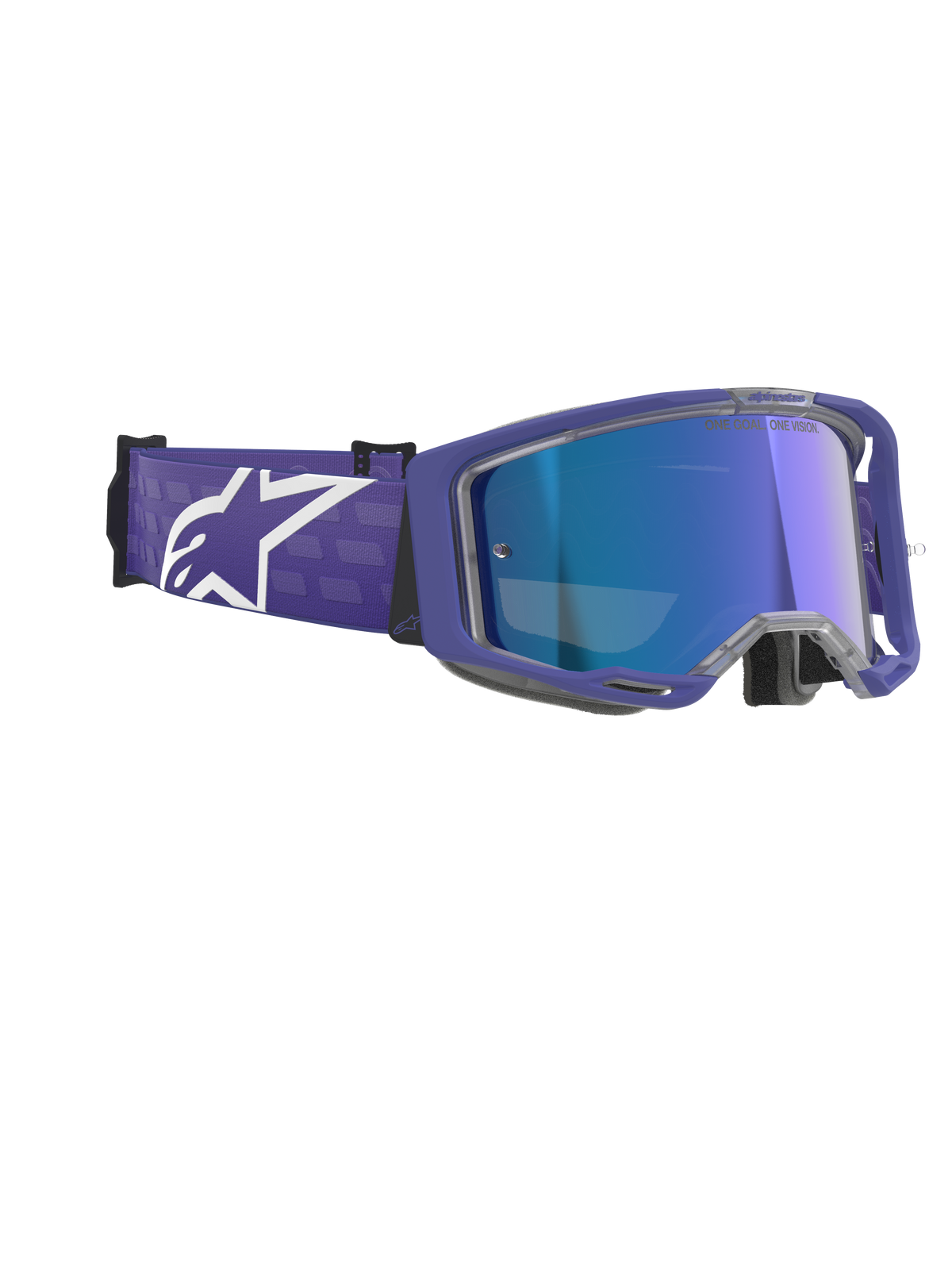 Alpinestars Vision 8 Corp goggles, motocross-briller, Purple Mirror Blue, med lilla ramme og blå spejlet anti-dug linse, bred lilla rem med markant hvidt Alpinestars-logo, højtydende øjenbeskyttelse til off-road kørsel