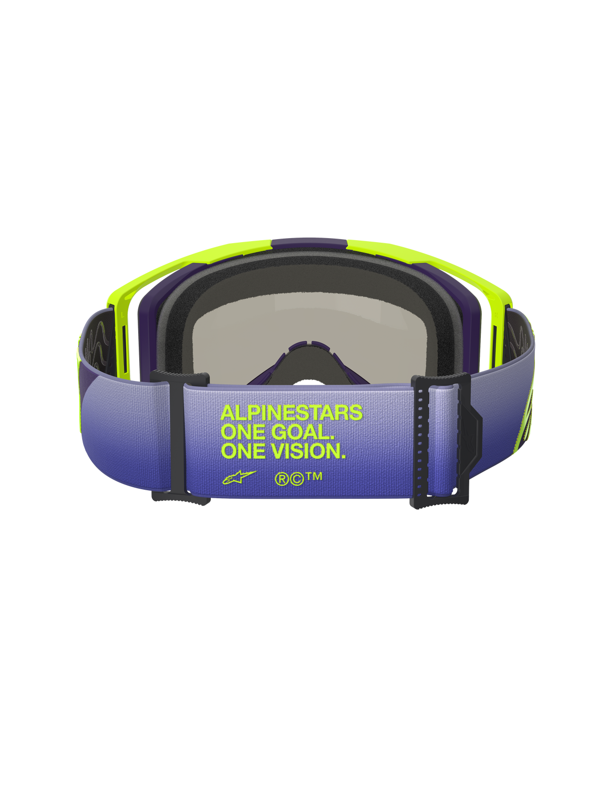 Alpinestars Vision 8 Corp Goggles, set bagfra med fokus på den lilla og blå rem med farveovergang, med teksten 'ALPINESTARS ONE GOAL. ONE VISION.' i fluorescerende gul, pangul og lilla A-FLEX-ramme med sort ansigtsskum, professionelle motocross-briller.