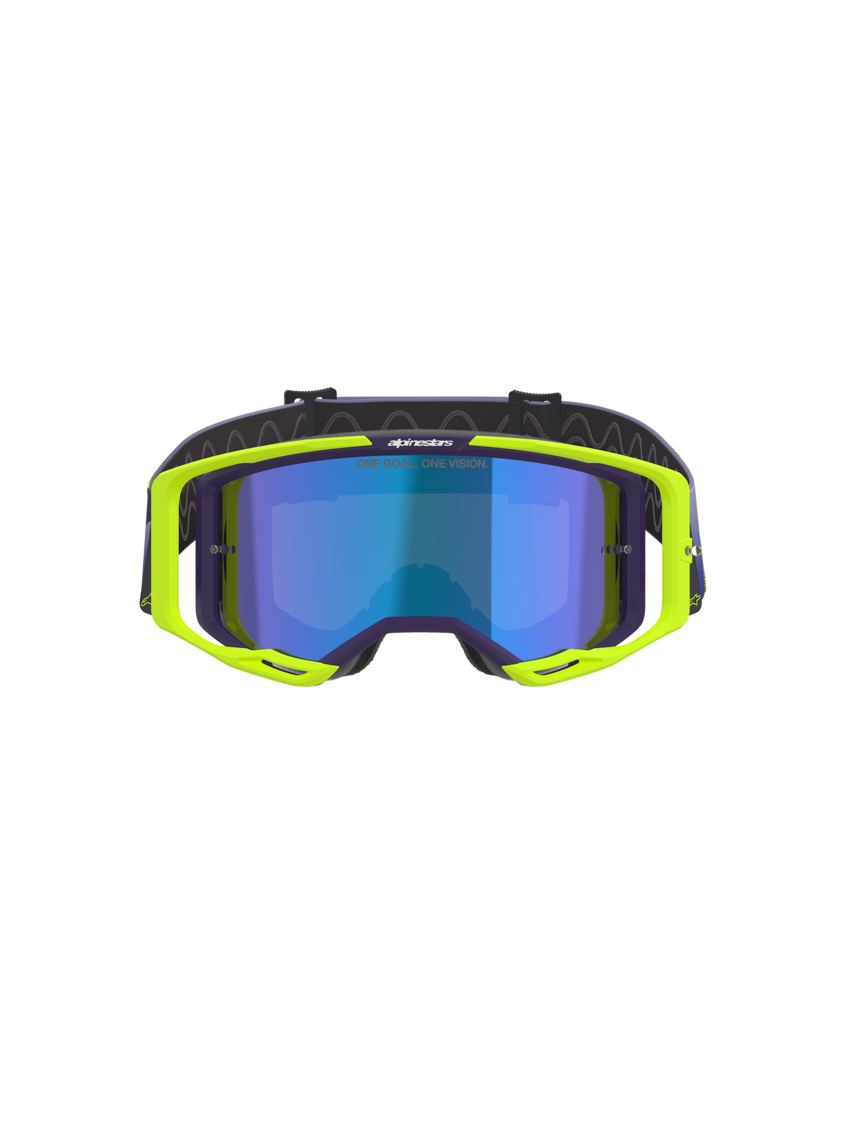 Alpinestars Vision 8 Corp Goggles, motocross-briller, lilla og gul fluo, med en blå spejltonet linse, fluorescerende gul A-FLEX-ramme med lilla detaljer og en justerbar lilla rem, højtydende udstyr til terrænkørsel