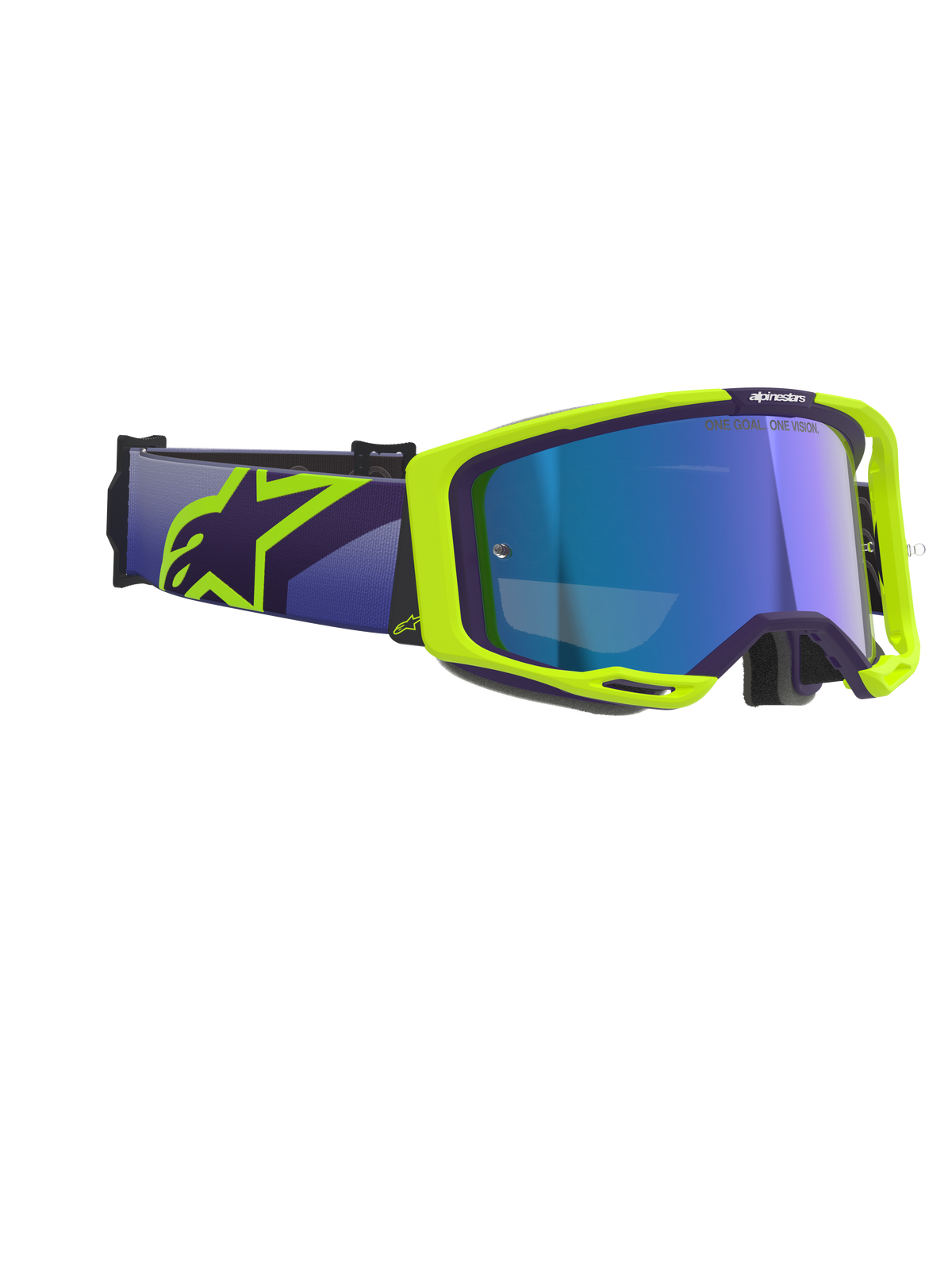 Alpinestars Vision 8 Corp-briller, motocross-briller, lilla og fluoriserende gul, med blå spejllinse, bred lilla rem med markant gult Alpinestars-logo, fleksibel ramme med ventilationsdetaljer til terrænkørsel