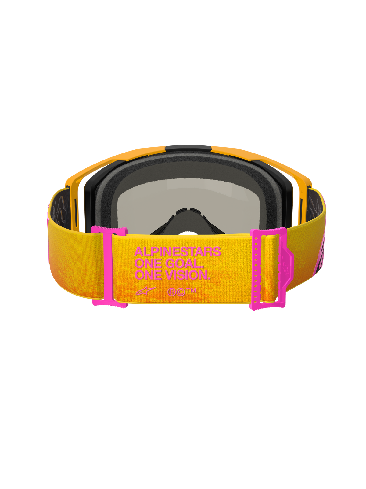 Alpinestars Vision 8 Corp Goggles, motocross-briller, orange og gul med lyserøde detaljer, set bagfra viser remmen med 'ALPINESTARS ONE GOAL. ONE VISION.' tekst, lyserøde remjusteringer, orange ramme med sort skumpolstring