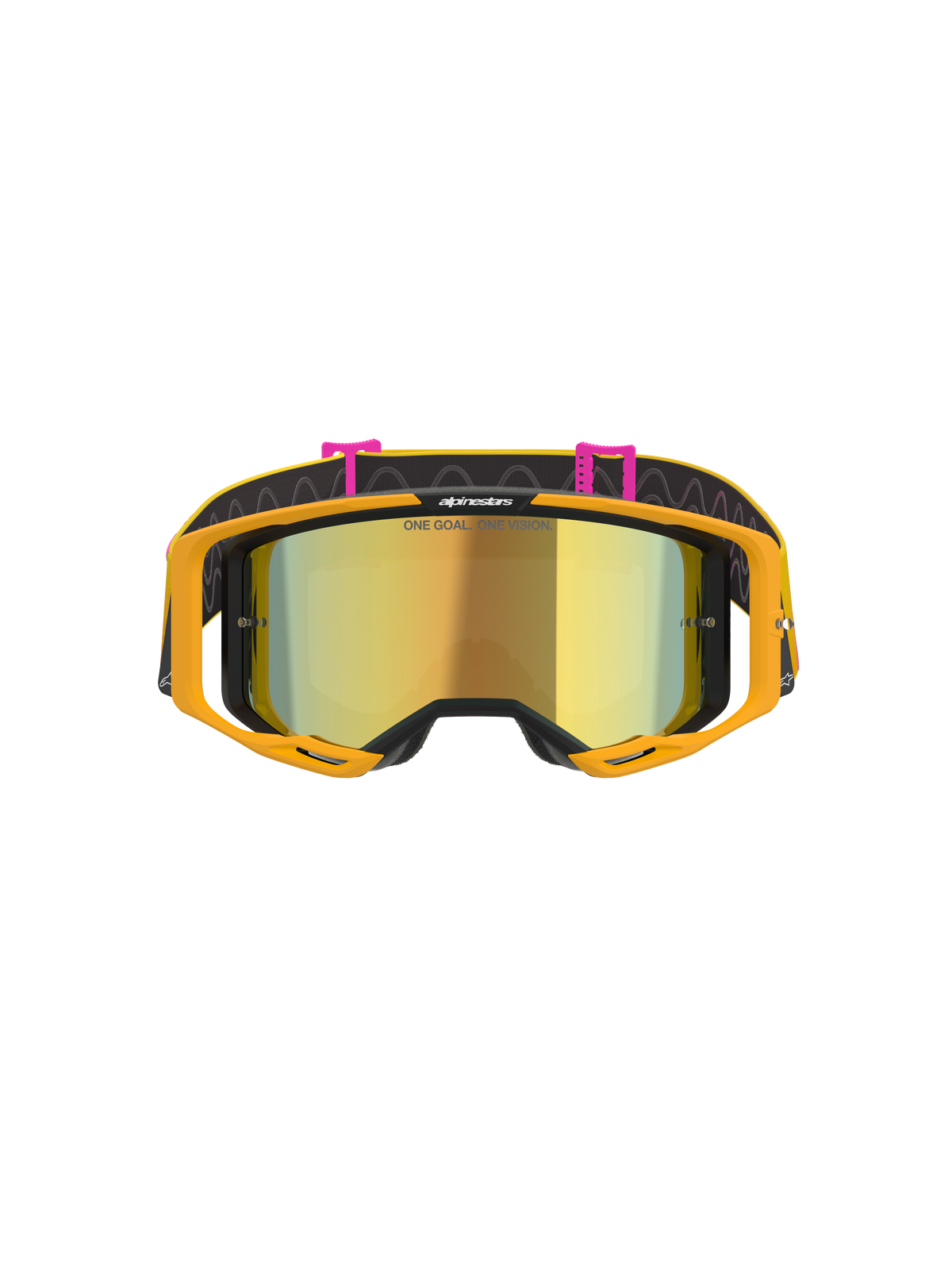 Alpinestars Vision 8 Corp Goggles, motocross-briller, Orange Yellow Pink Mirror Gold, set forfra med en guldspejllinse med 'ONE GOAL. ONE VISION.'-tekst, lys orange ramme og sort rem med pink clips og bølgede linjemønstre.