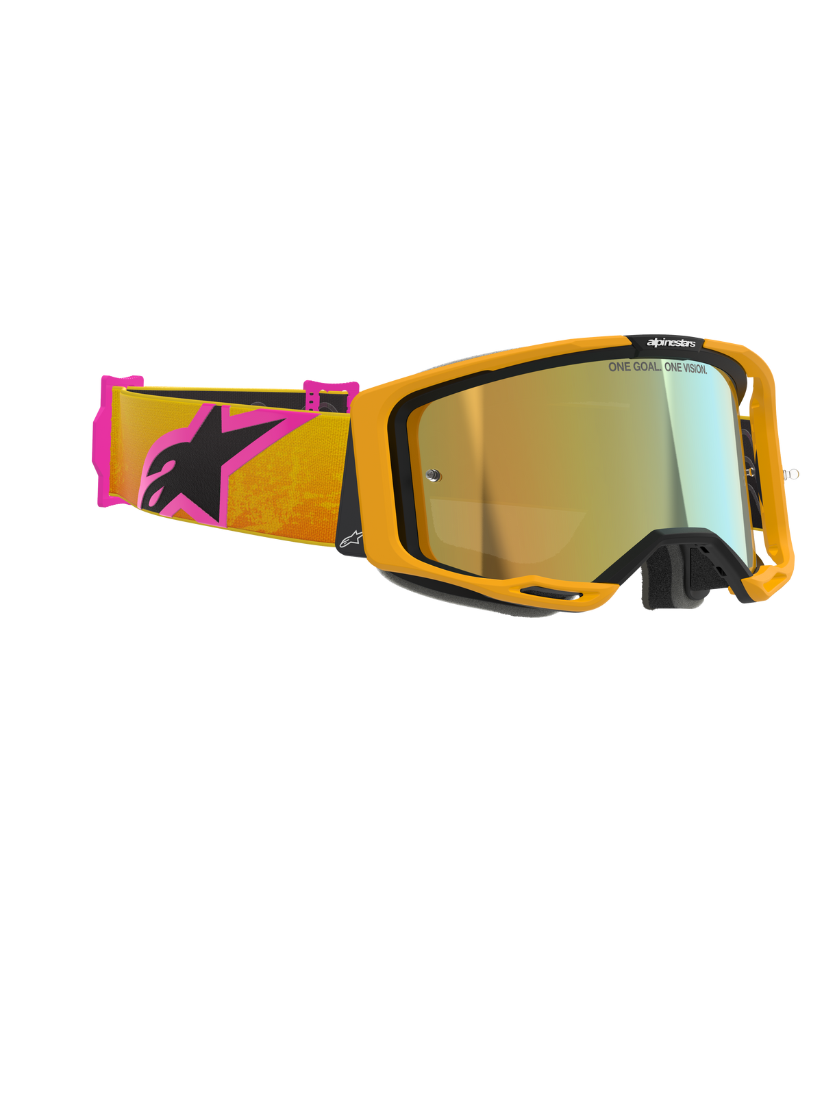 Alpinestars Vision 8 Corp Goggles, motocross-briller, orange ramme med guld spejllinse, orange og pink rem med sort Alpinestars-logo, højtydende design til terrænkørsel