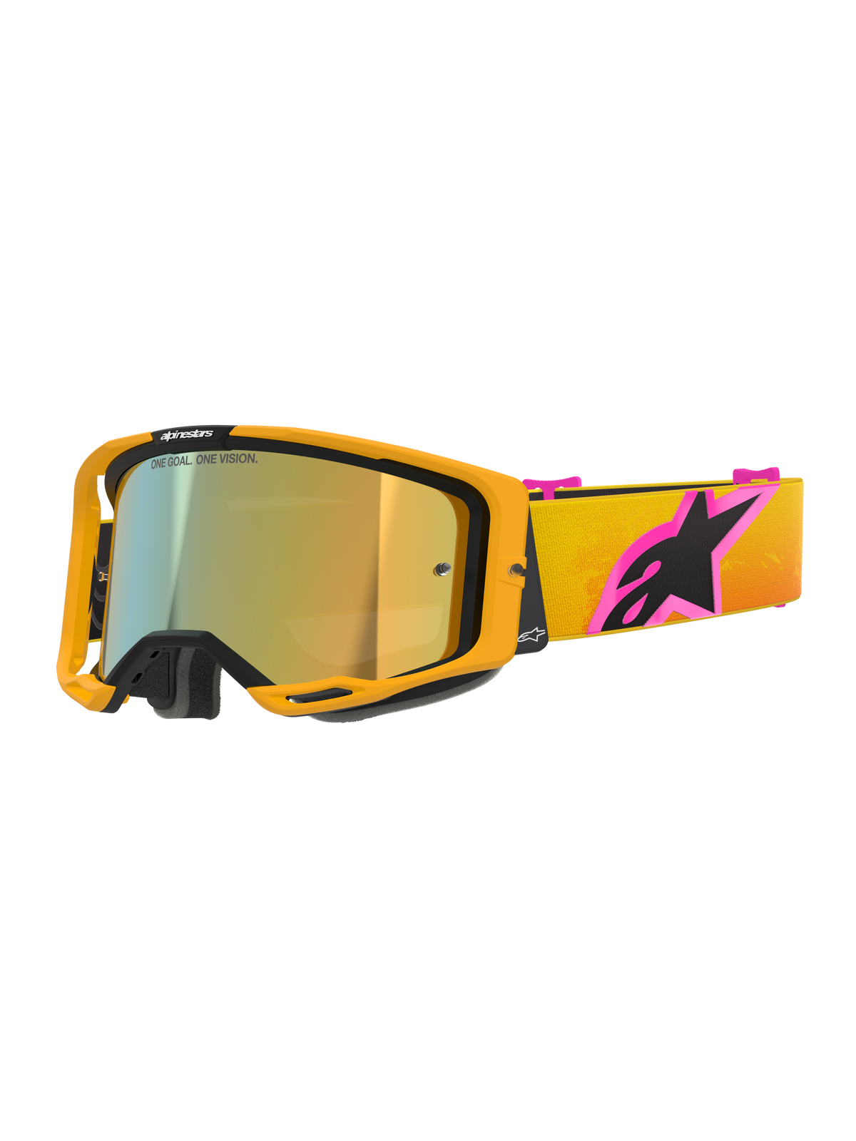 Alpinestars Vision 8 Corp goggles, motocross-briller, orange stel med Mirror Gold-linse, gul og orange gradient-rem med et stort pink og sort Alpinestars-logo, strømlinet high-performance design til off-road racing