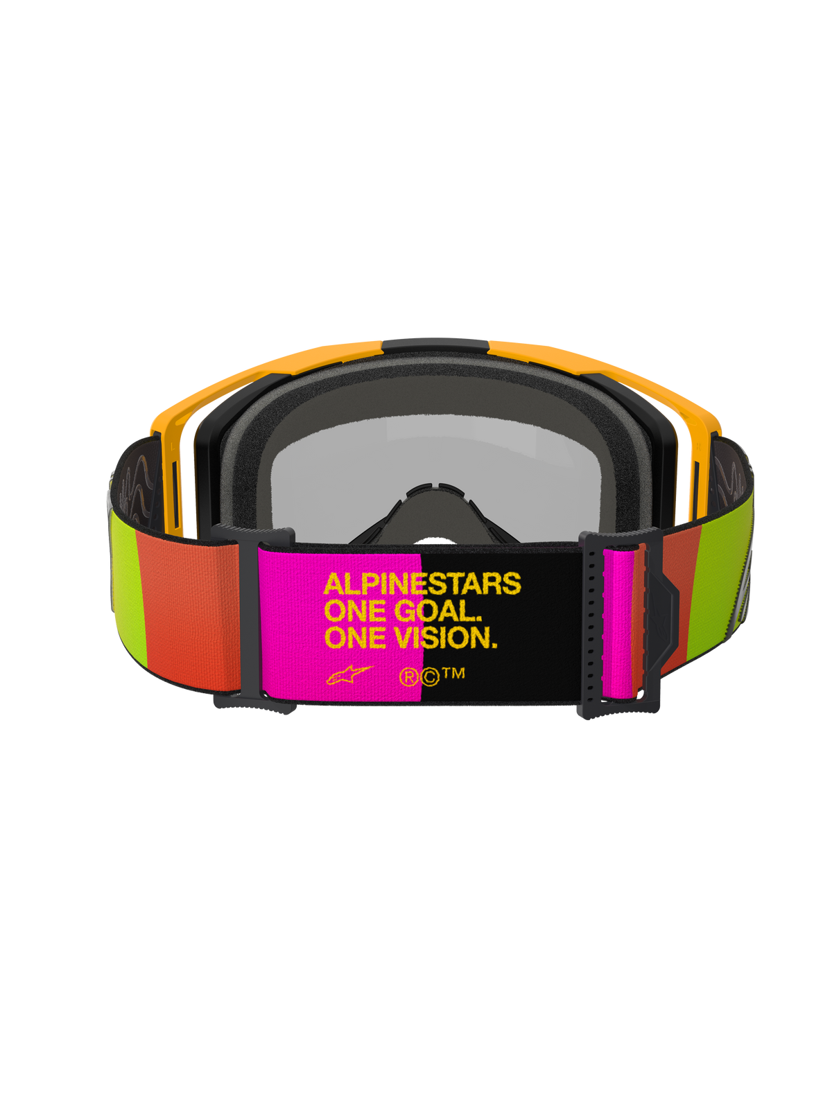 Alpinestars Vision 8 Corp Goggles, motocross-briller, gul og pink, set bagfra med justerbar rem med sloganet "ALPINESTARS ONE GOAL. ONE VISION.", livlige limegrønne og orange detaljer, gul ramme med gråt ansigtsskum