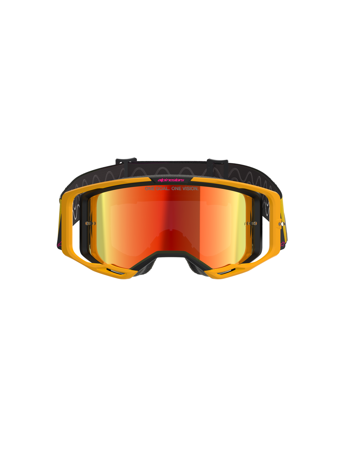 Alpinestars Vision 8 Corp Goggles, motocross-briller, gul og lyserød med Mirror Red-linse, med en klar gul A-FLEX-ramme, rødt spejlglas og en sort rem med lyserød Alpinestars-branding og 'ONE GOAL. ONE VISION.'-tekst, professionel øjenbeskyttelse til off-road racing
