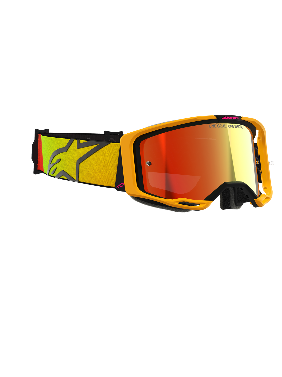 Alpinestars Vision 8 Corp Goggles, motocrossbriller, gul og pink med Mirror Red-linse, bred vævet rem med gul og pink gradient og stort stjernelogo, letvægts A-FLEX-ramme med sorte outriggere, performance-briller til off-road-kørsel
