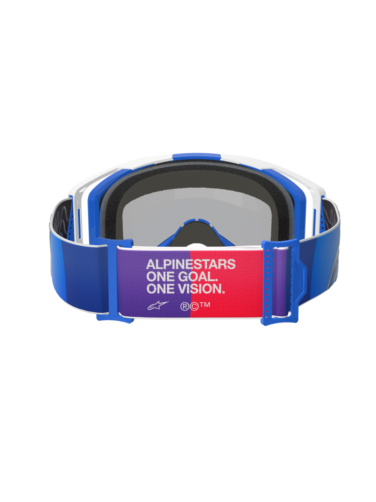 Alpinestars Vision 8 Corp Goggles, blå, hvid og Mirror Blue, set bagfra, blå strop med lilla og rødt centralt mærke med teksten "ALPINESTARS ONE GOAL. ONE VISION.", hvid og blå ramme med sort skumpolstring, motocross-briller