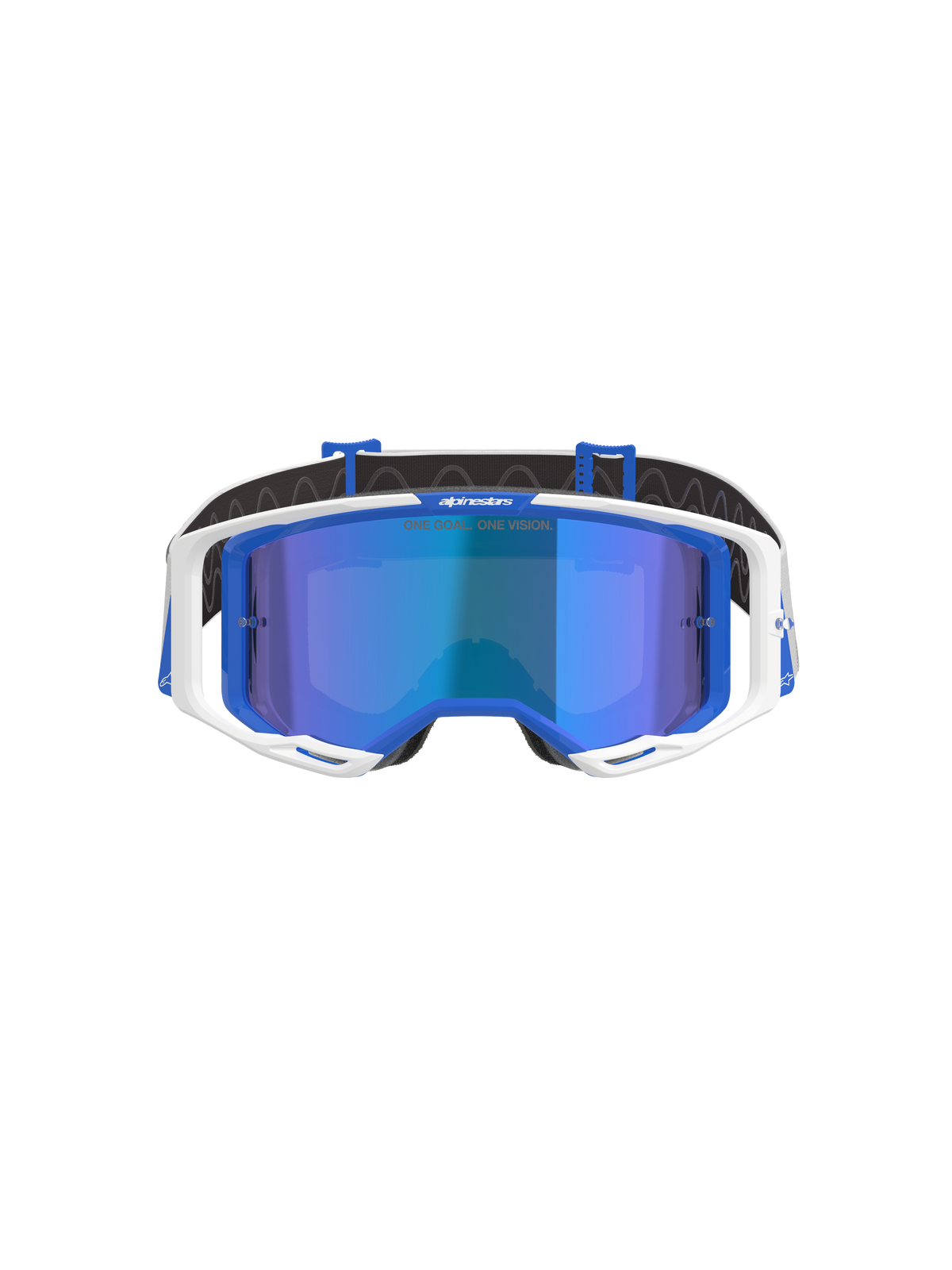 Alpinestars Vision 8 Corp goggles, motocross-briller, blå og hvide med Mirror Blue linse, med en hvid yderramme, blå indvendige detaljer og 'One Goal. One Vision.' branding på spejllinsen, designet til off-road racing ydeevne.