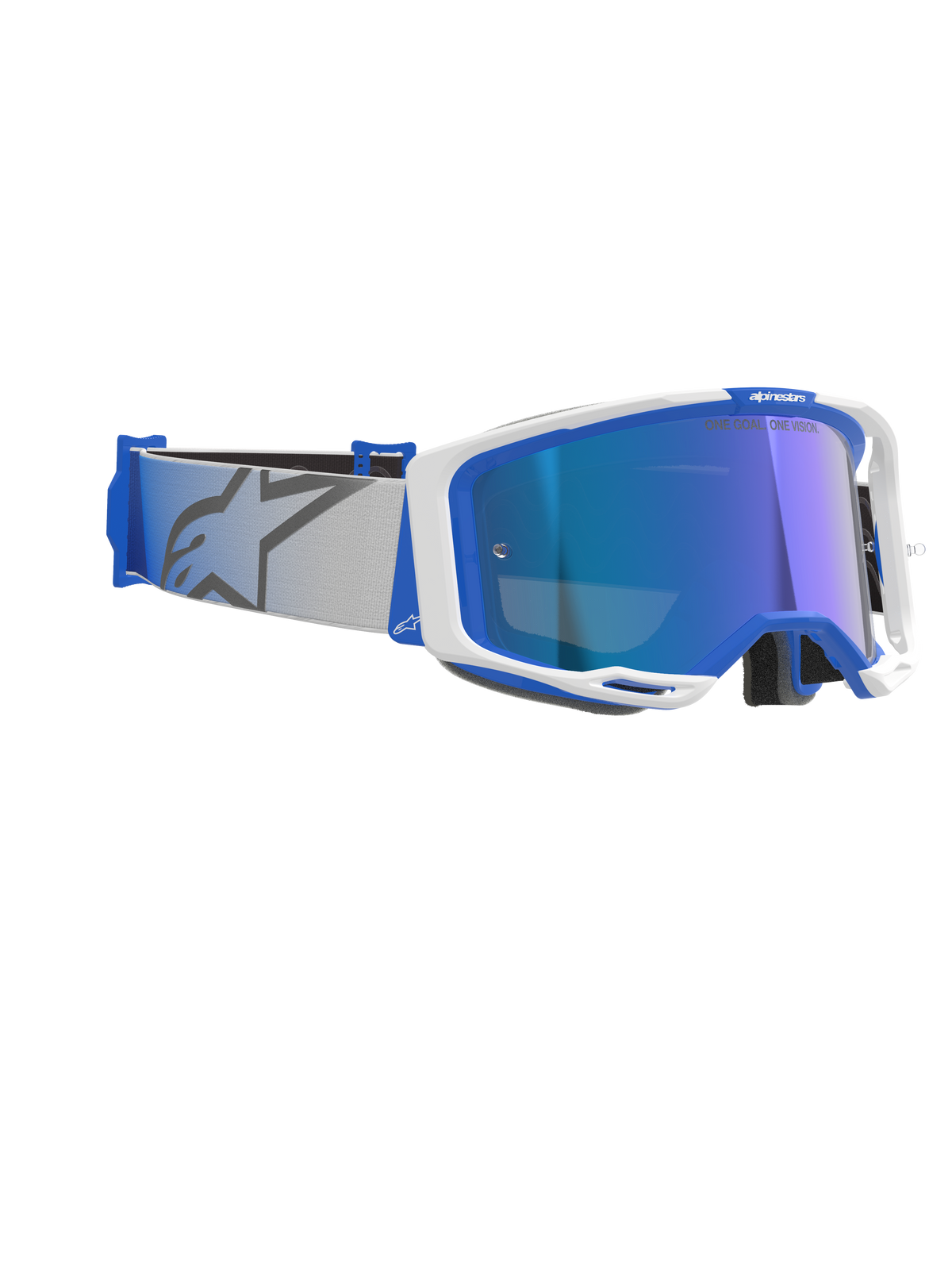 Alpinestars Vision 8 Corp Goggles, motocross-briller, blå og hvid med Mirror Blue-linse, lysegrå vævet rem med blåt stjernelogo, elegant A-FLEX-rammedesign med spejllinse til off-road-racerkørsel