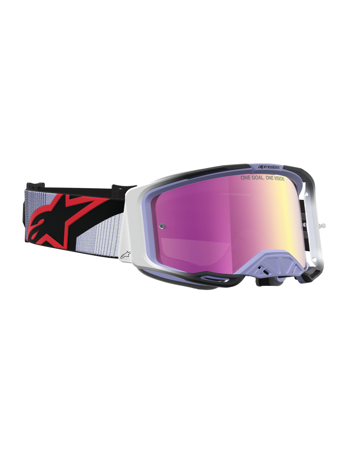 Alpinestars Vision 8 Maven Motocross Goggles, Lavender and Black with a Mirror Pink lens and RAM-AIR ventilation.