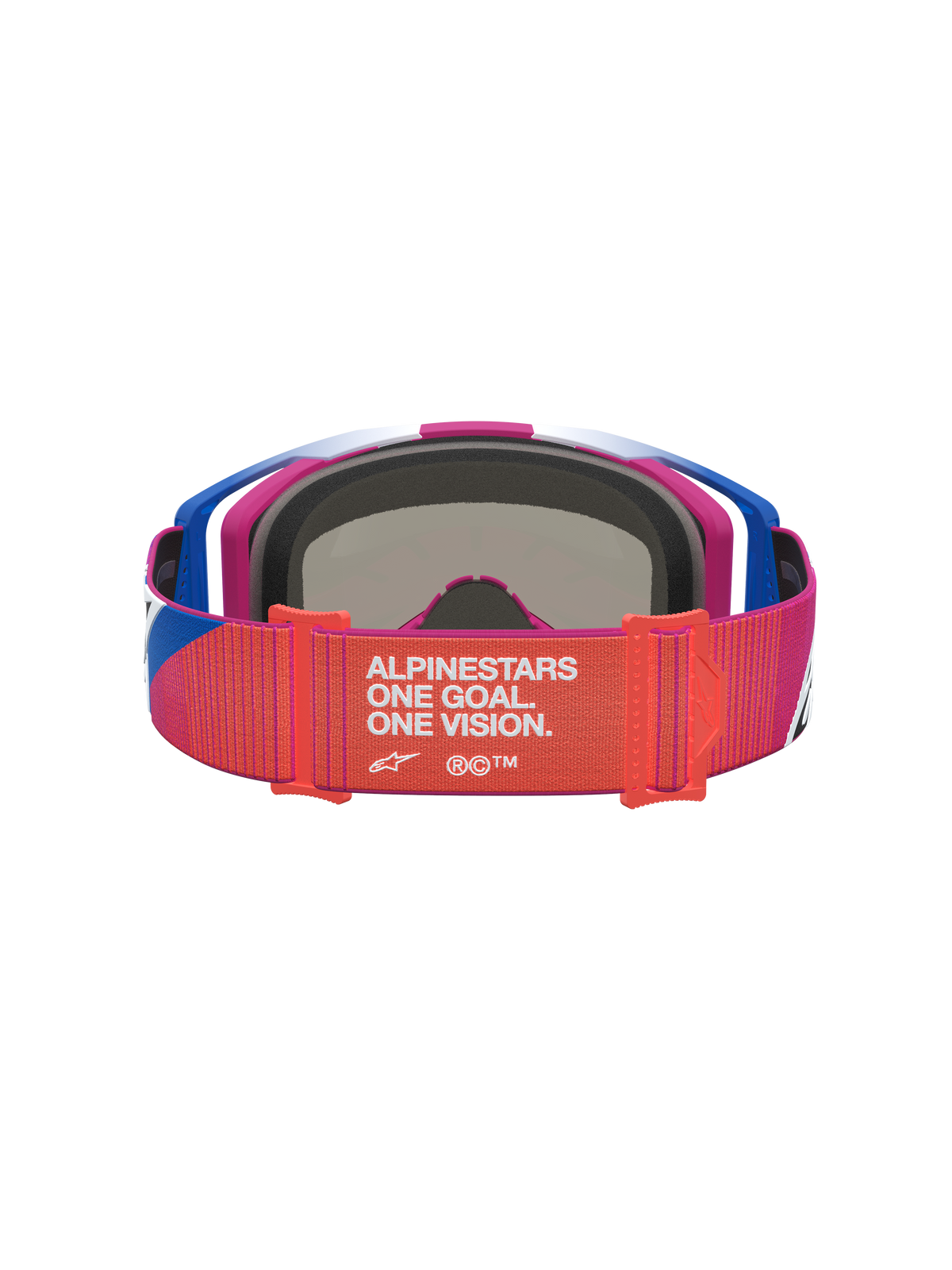 Alpinestars Vision 8 Maven goggles, motocross-goggles i rød og sort set bagfra, med justerbar 'One Goal. One Vision.' rem og 3D-formet ansigtsskum.