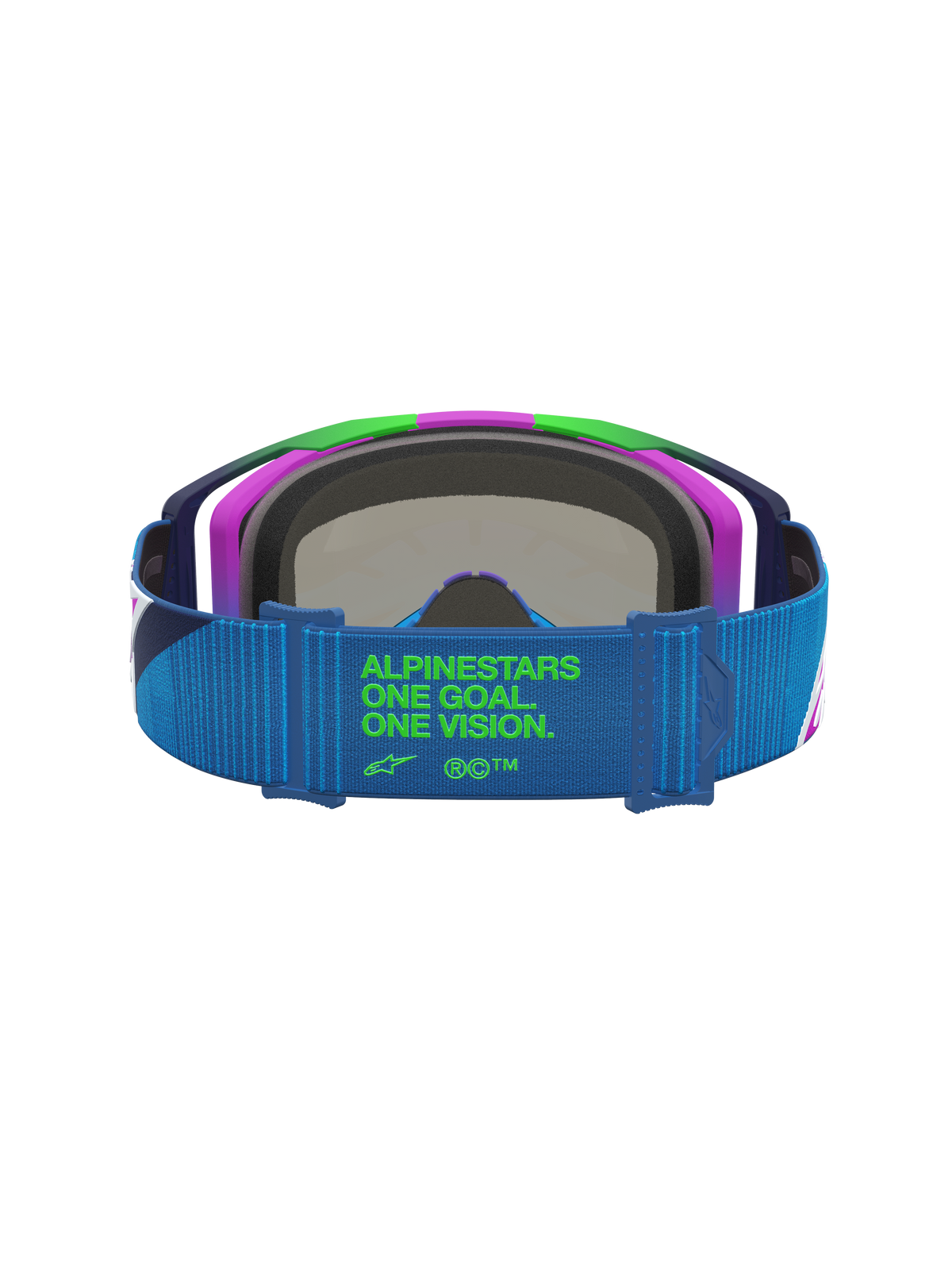 Alpinestars Vision 8 Maven Goggles, Motocross Racing, Blue and Purple, blue strap with green One Goal One Vision logo.