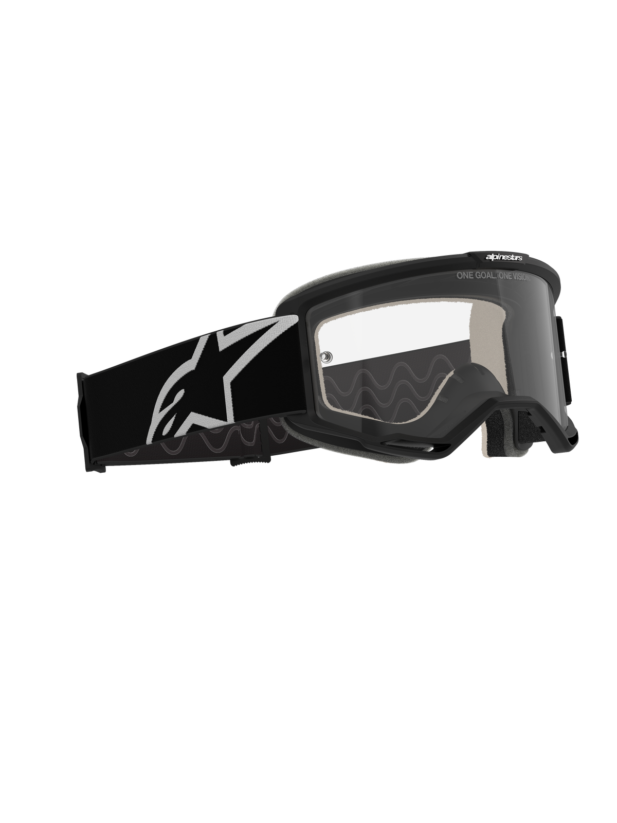 Alpinestars Vision 5 Corp Goggles, Motocross Goggles, Black frame with clear anti-fog lens, wide black strap featuring a white Astars logo, performance off-road eyewear with RAM-AIR ventilation