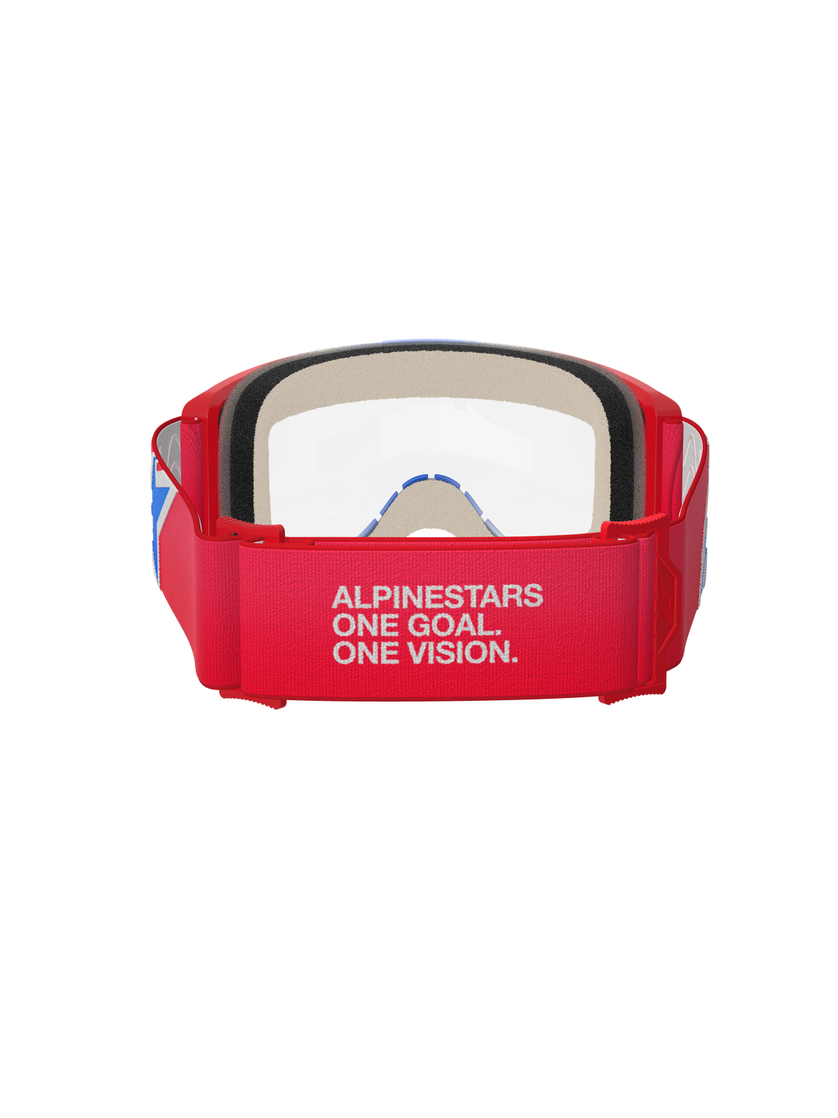 Alpinestars Vision 5 Corp Goggles, motocross-briller, rød, hvid og blå med klar linse, set bagfra med bred rød vævet rem med hvidt 'ALPINESTARS ONE GOAL. ONE VISION.' branding, rød urethan-ramme og tykt ansigtsskum, designet til professionel off-road ydeevne