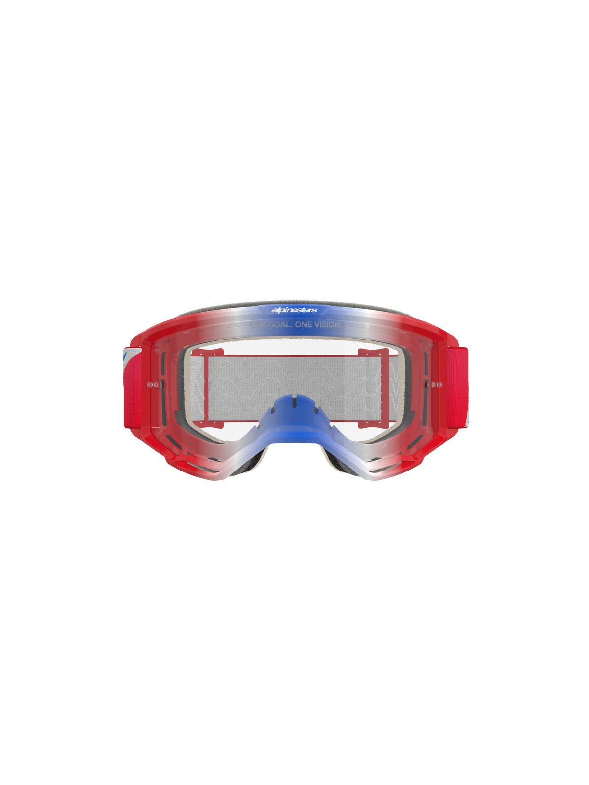 Alpinestars Vision 5 Corp Goggles, motocross-briller, rød, hvid og blå med klar linse, rødt stel med blå og hvide graduerede accenter, rød vævet rem, har 'ONE GOAL. ONE VISION.' branding på linsen, holdbar øjenbeskyttelse til terrænkørsel