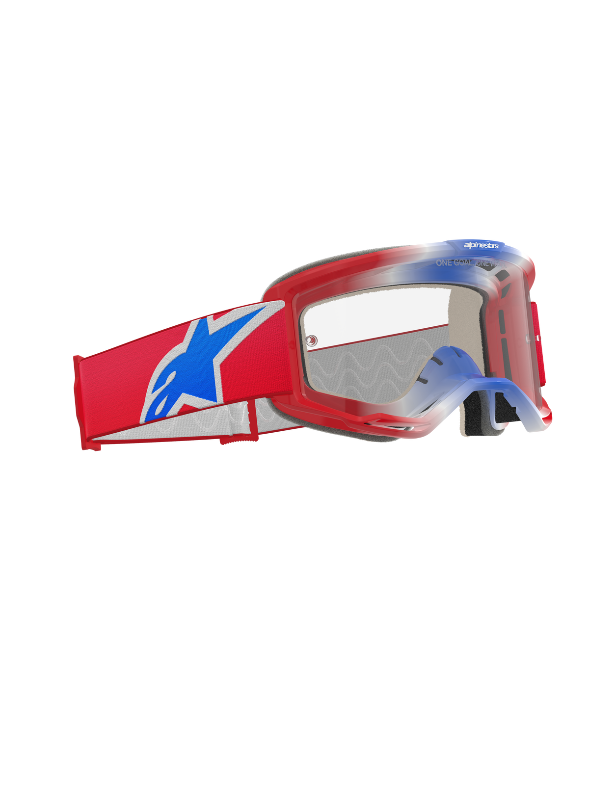 Alpinestars Vision 5 Corp Goggles, motocross-briller, rød, hvid og blå med klar linse, bred rød vævet rem med et stort blåt Alpinestars-stjernelogo, letvægts rød A-FLEX-ramme, højtydende øjenbeskyttelse til off-road racing