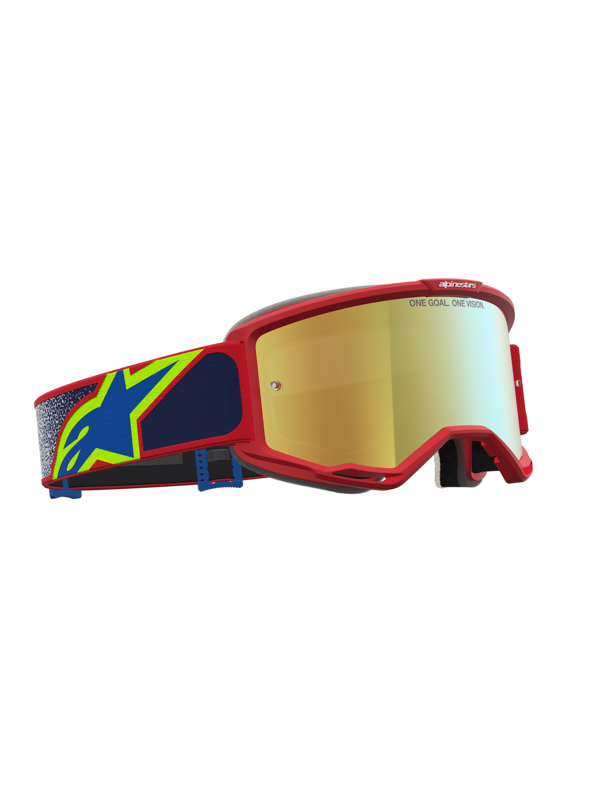 Alpinestars Vision 5 Drag Goggles, motocrossgoggles med rød ramme, blå detaljer og guld spejllinse, A-FLEX urethan.