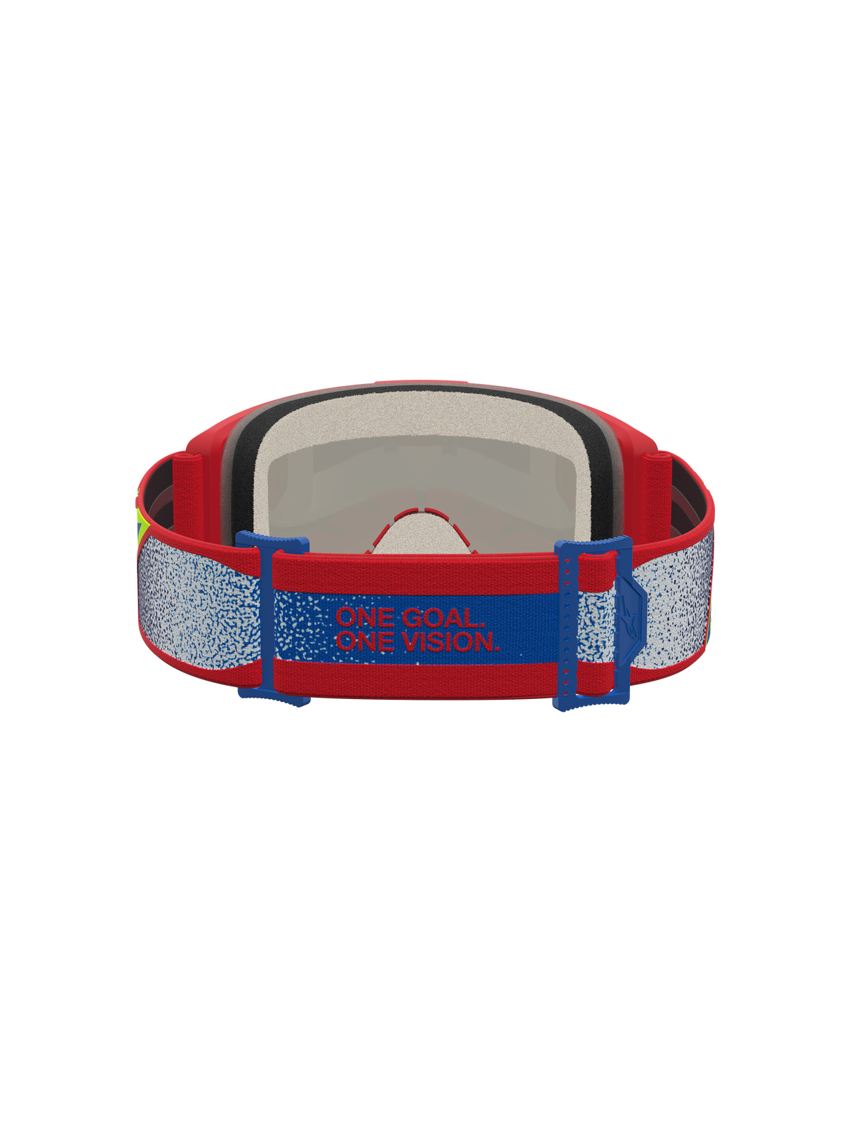 Alpinestars Vision 5 Drag Goggles, motocross-goggles, rød og blå, set bagfra med manifesto-rem og blødt ansigtsskum