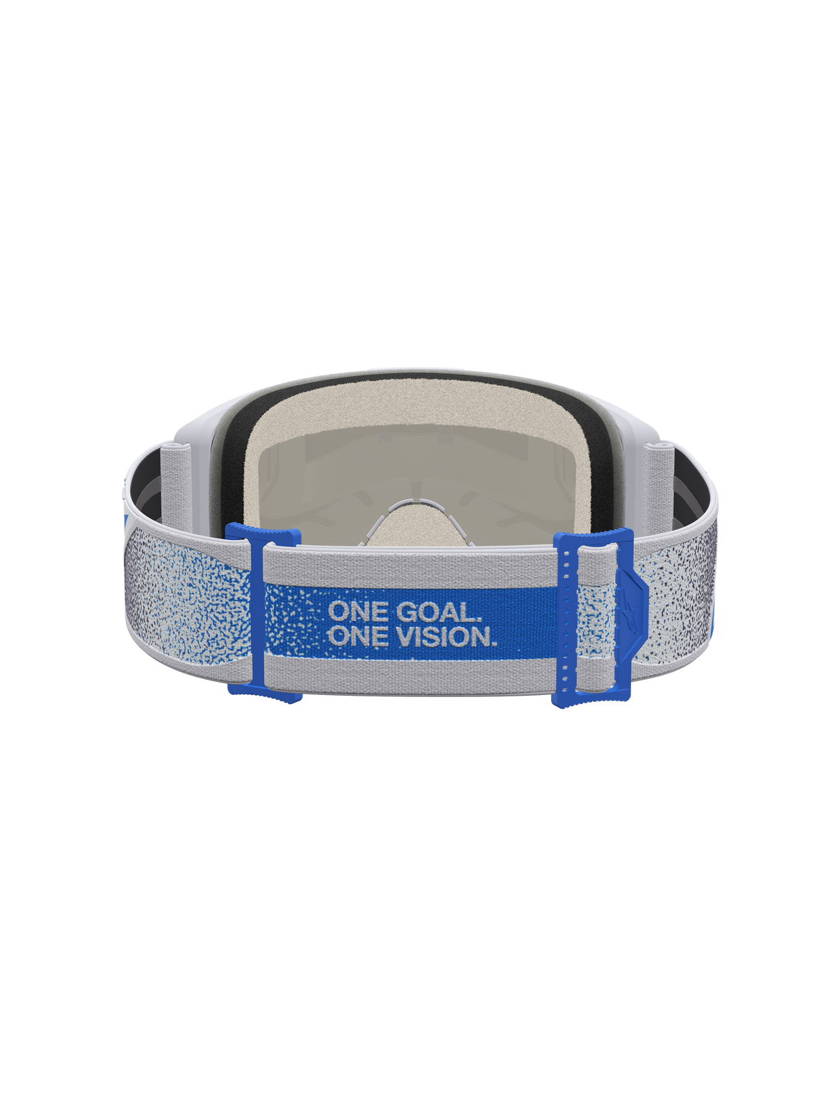 Alpinestars Vision 5 Drag Goggles, motocross goggles, lys lilla og blå, set bagfra med One Goal. One Vision. slogan på stroppen.