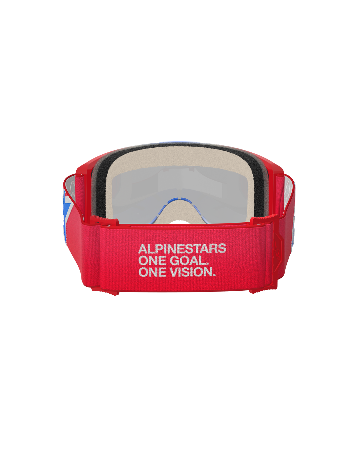 Alpinestars Vision 5 Corp Goggles, motocross-briller, rød og hvid, set bagfra viser bred rem med 'Alpinestars One Goal. One Vision.' slogan, tykt ansigtsskum og rød ramme