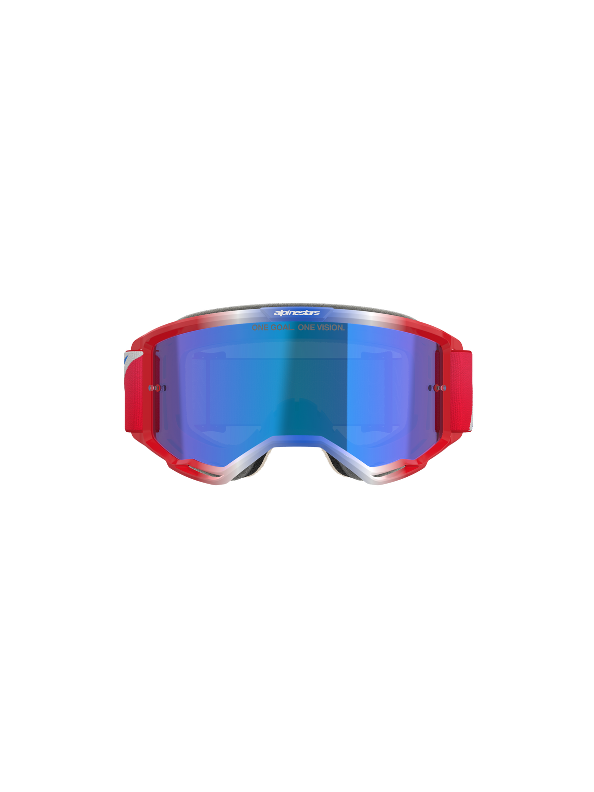 Alpinestars Vision 5 Corp Goggles, motocross-briller, rød og hvid ramme med blå spejllinse, med rød rem og 'ONE GOAL... ONE VISION'-tekst på linsen, set forfra