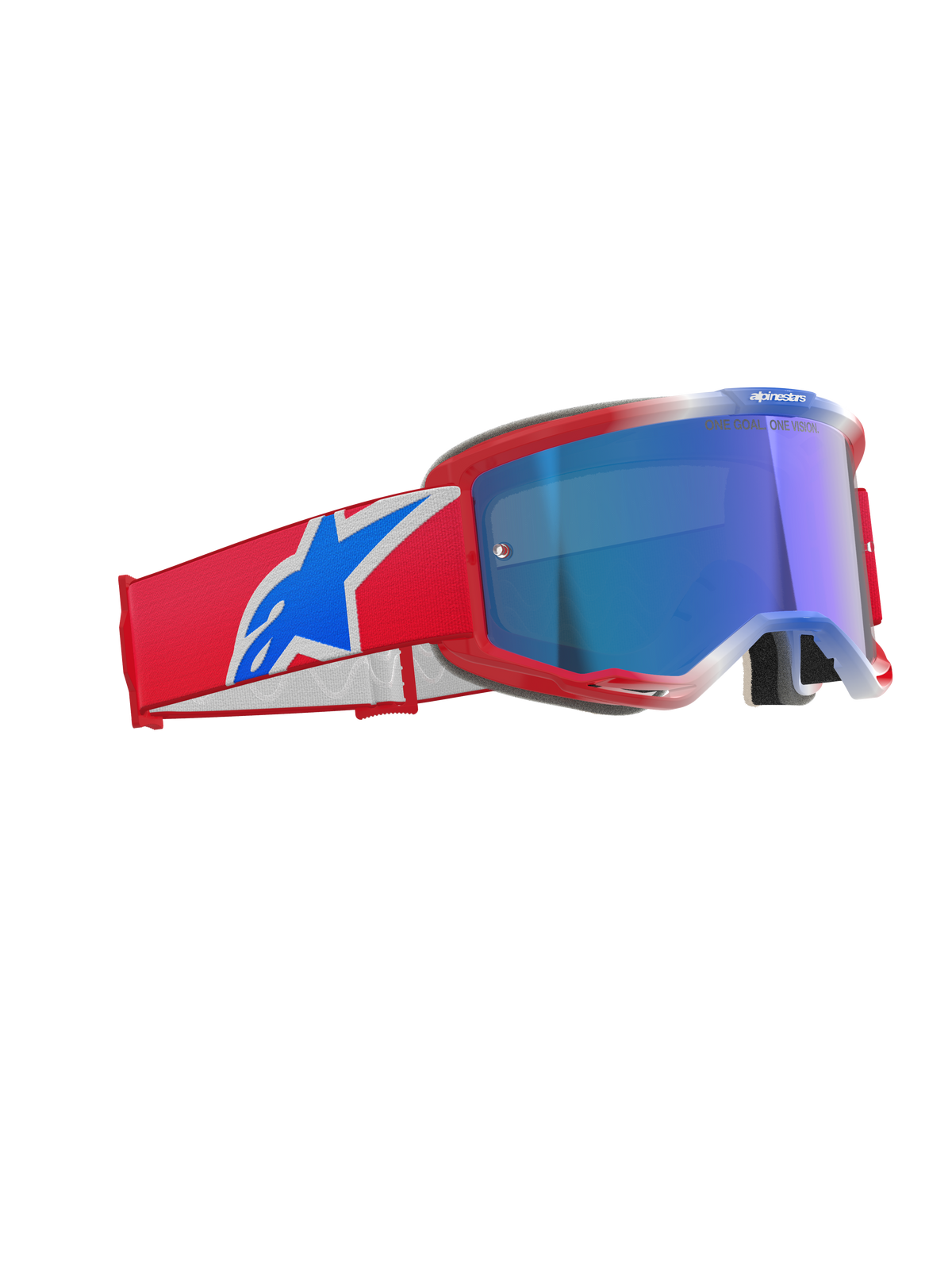 Alpinestars Vision 5 Corp Goggles, motocross-briller, rød, hvid og blå med blå spejllinse, rød ramme med strømlinet ventilation, bred rød rem med markant blåt og hvidt logo, professionelle briller til off-road og motocross-racing