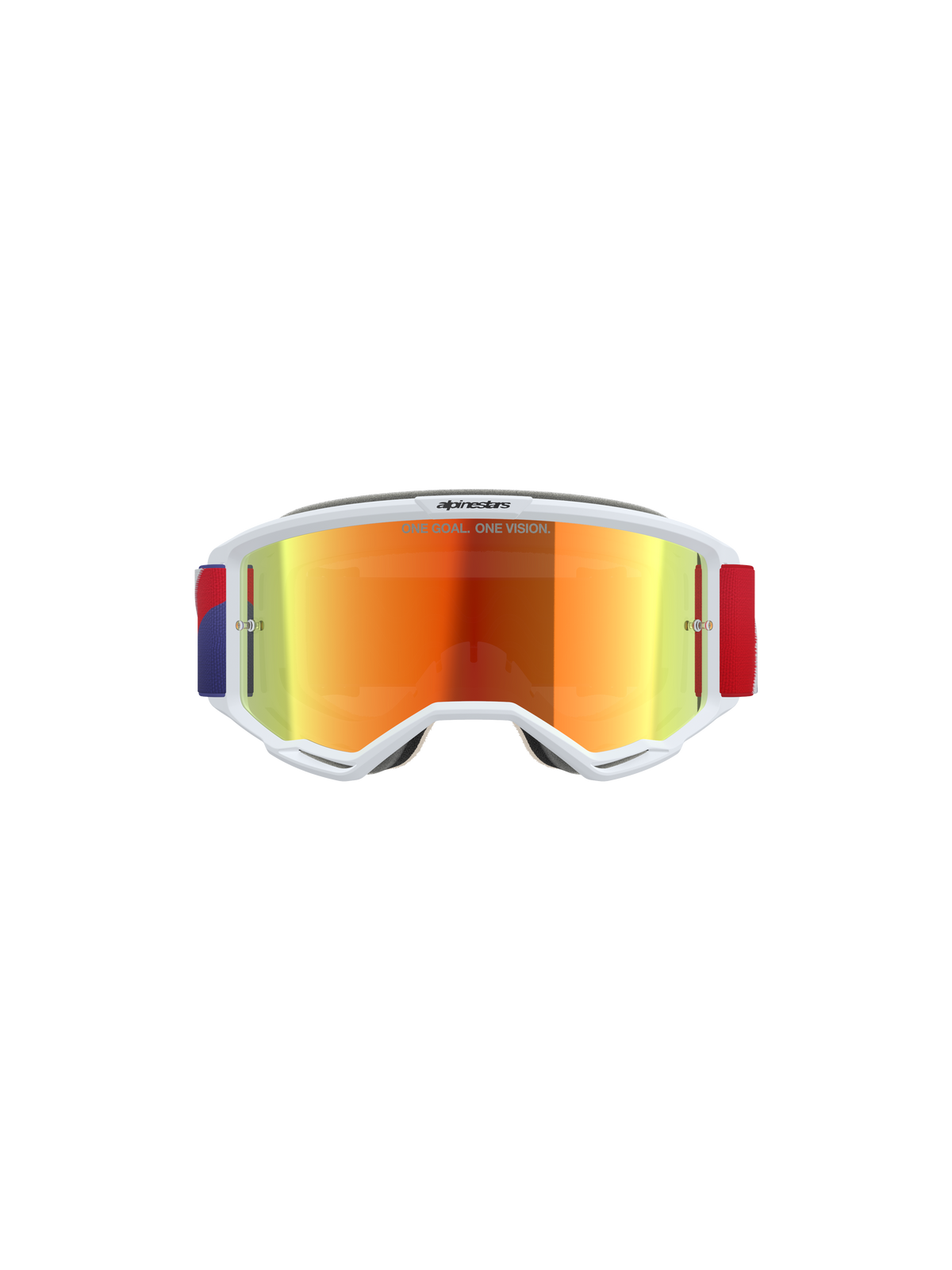 Alpinestars Vision 5 Corp Goggles, Motocross Goggles, White frame with Purple Mirror Red tinted lens, adjustable Red and Purple strap, featuring 'ONE GOAL. ONE VISION.' text on the lens, high-performance protective eyewear for off-road racing.