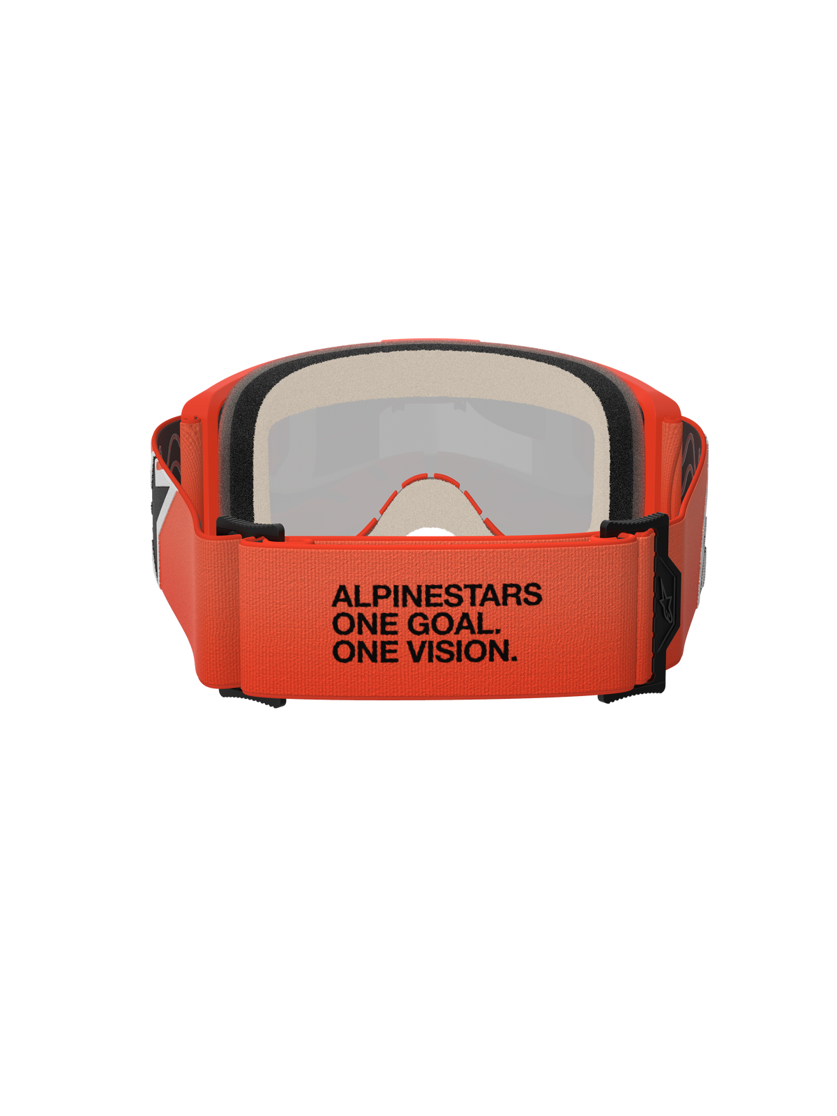 Alpinestars Vision 5 Corp Goggles, set bagfra viser den orange vævede rem med sort "ALPINESTARS ONE GOAL. ONE VISION."-tekst, multi-lags ansigtsskum, orange ramme, professionelle motocross-briller