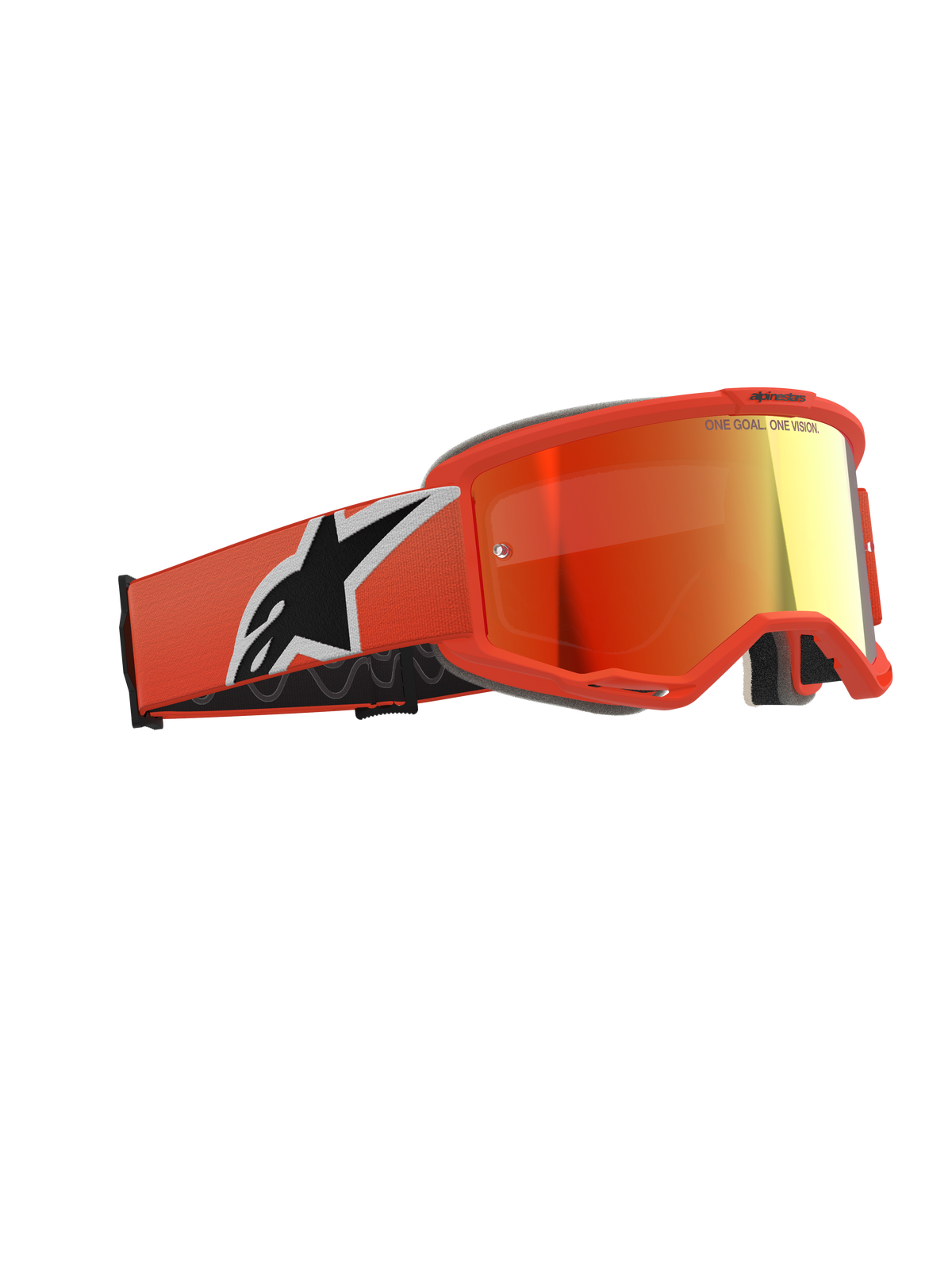 Alpinestars Vision 5 Corp Goggles, motocross-briller, orange med rød spejllinse, livlig orange ramme og rem med et stort hvidt og sort Astars-logo, spejlet rød-orange linse med branding øverst, professionelt beskyttelsesudstyr til terrænkørsel