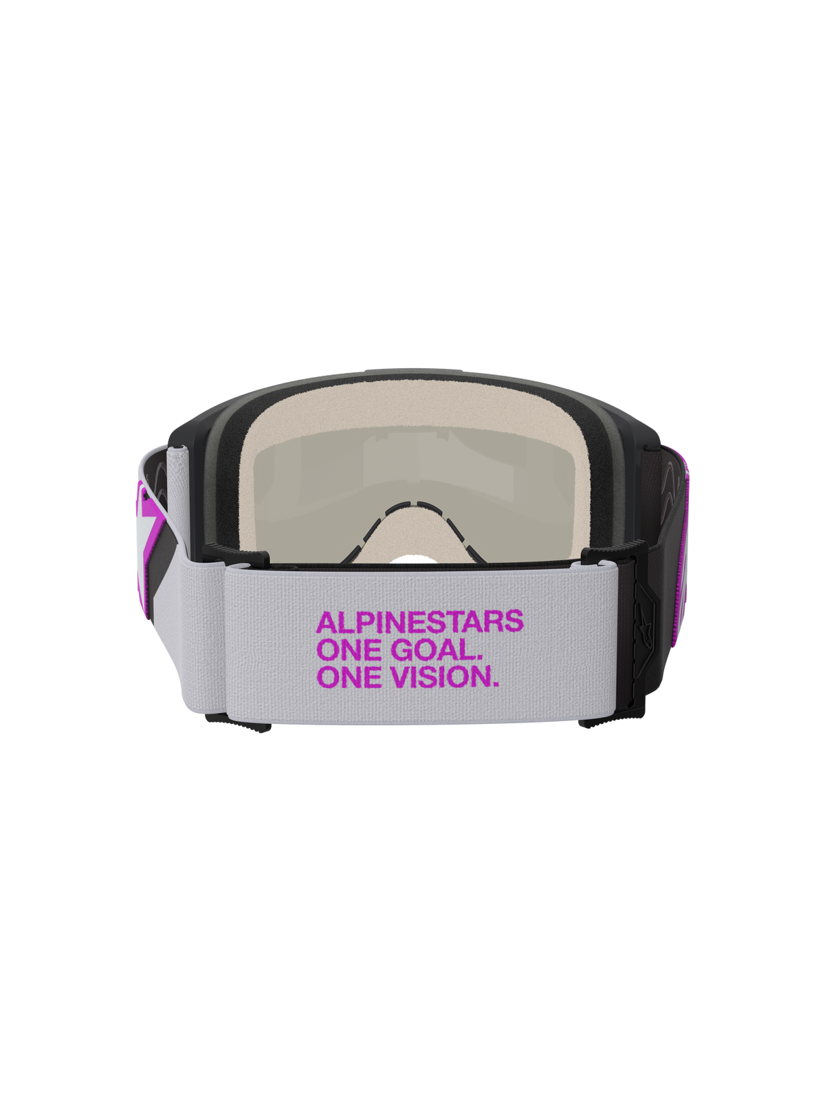 Alpines tars Vision 5 Corp Gogg les, mo tocros s-brille r, ly segrå o g lilla spejl sølv, set b agfra med bred vævet rem med l illa b randin g, fle rlags ansig tssku m og h oldbar ramme konst ruktio n