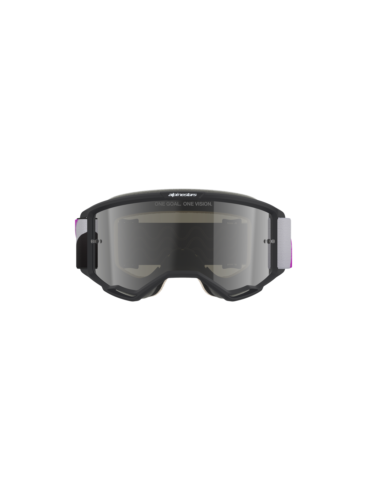 Alpinestars Vision 5 Corp Goggles, motocross-briller, lysegrå ramme med Purple Mirror Silver-linse, set forfra med 'ONE GOAL. ONE VISION.'-tekst, justerbar grå og lilla vævet rem, højtydende off-road øjenbeskyttelse