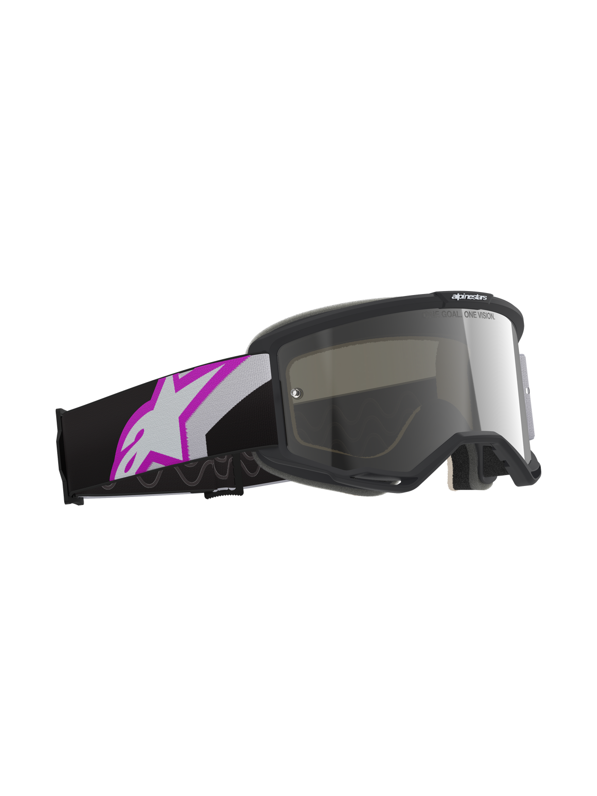 Alpinestars Vision 5 Corp Goggles, lysegrå ramme med Purple Mirror Silver-linse, motocross-briller med sort rem og stort hvidt og lilla Astars-logo, professionelt off-road racerudstyr