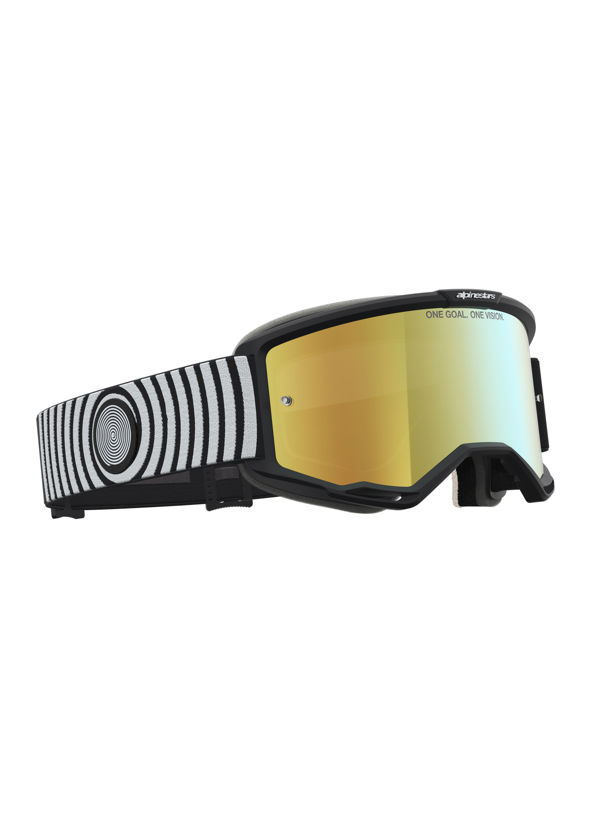 Alpinestars Vision 5 Hone goggles, motocrossbriller, sort og hvid med guld spejllinse og fleksibel A-FLEX ramme