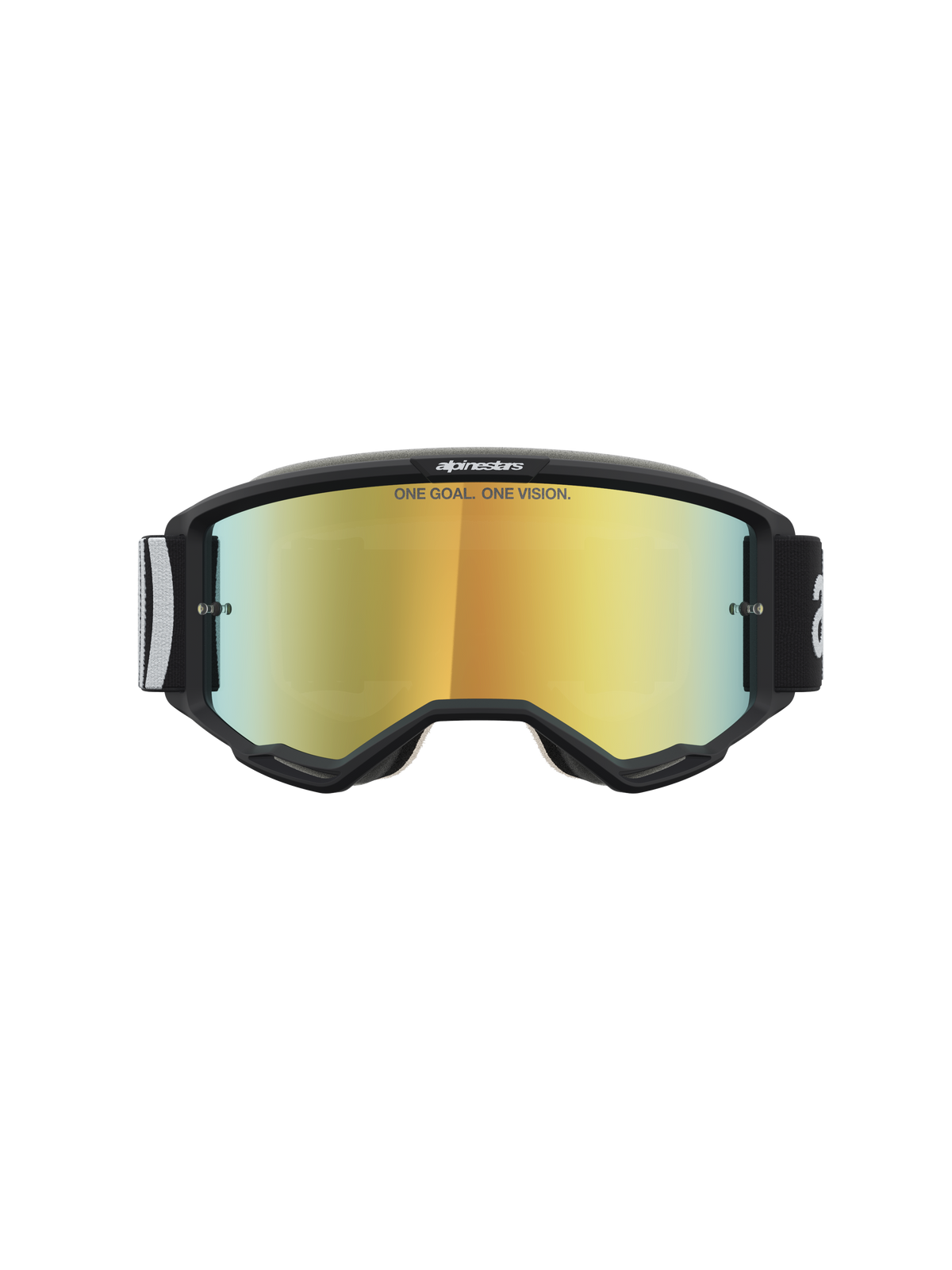 Alpinestars Vision 5 Hone goggles, motocrossbriller, sort med Mirror Gold spejllinse og RAM-AIR ventilationssystem.