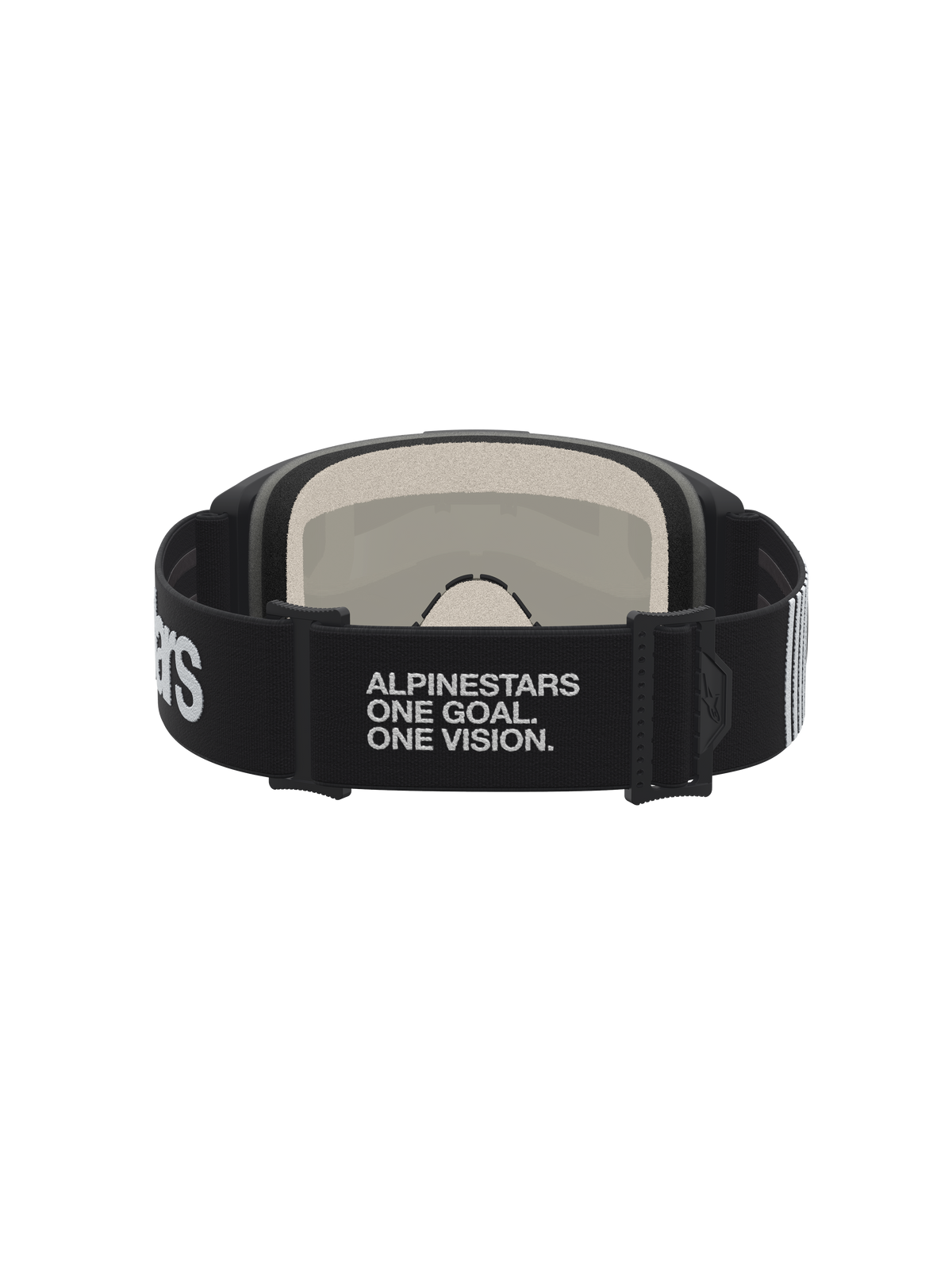 Alpinestars Vision 5 Hone goggles, sort og hvid motocrossgoggles, rem med One Goal One Vision-tekst og blødt ansigtsskum