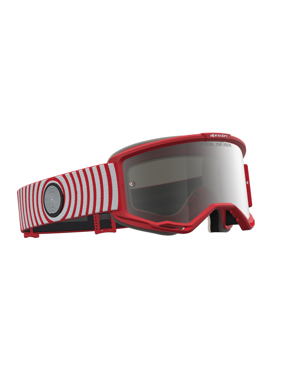 Alpinestars Vision 5 Hone Motocross Goggles, red and white with a mirror silver lens and flexible A-FLEX frame.