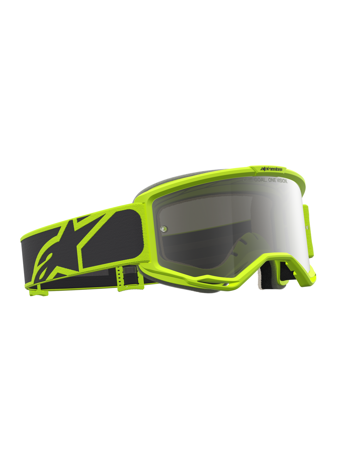 Alpinestars Vision 5 Rora Goggles, professionelle motocross-briller i sort og gul fluo med Mirror Silver spejllinse og RAM-AIR ventilation.