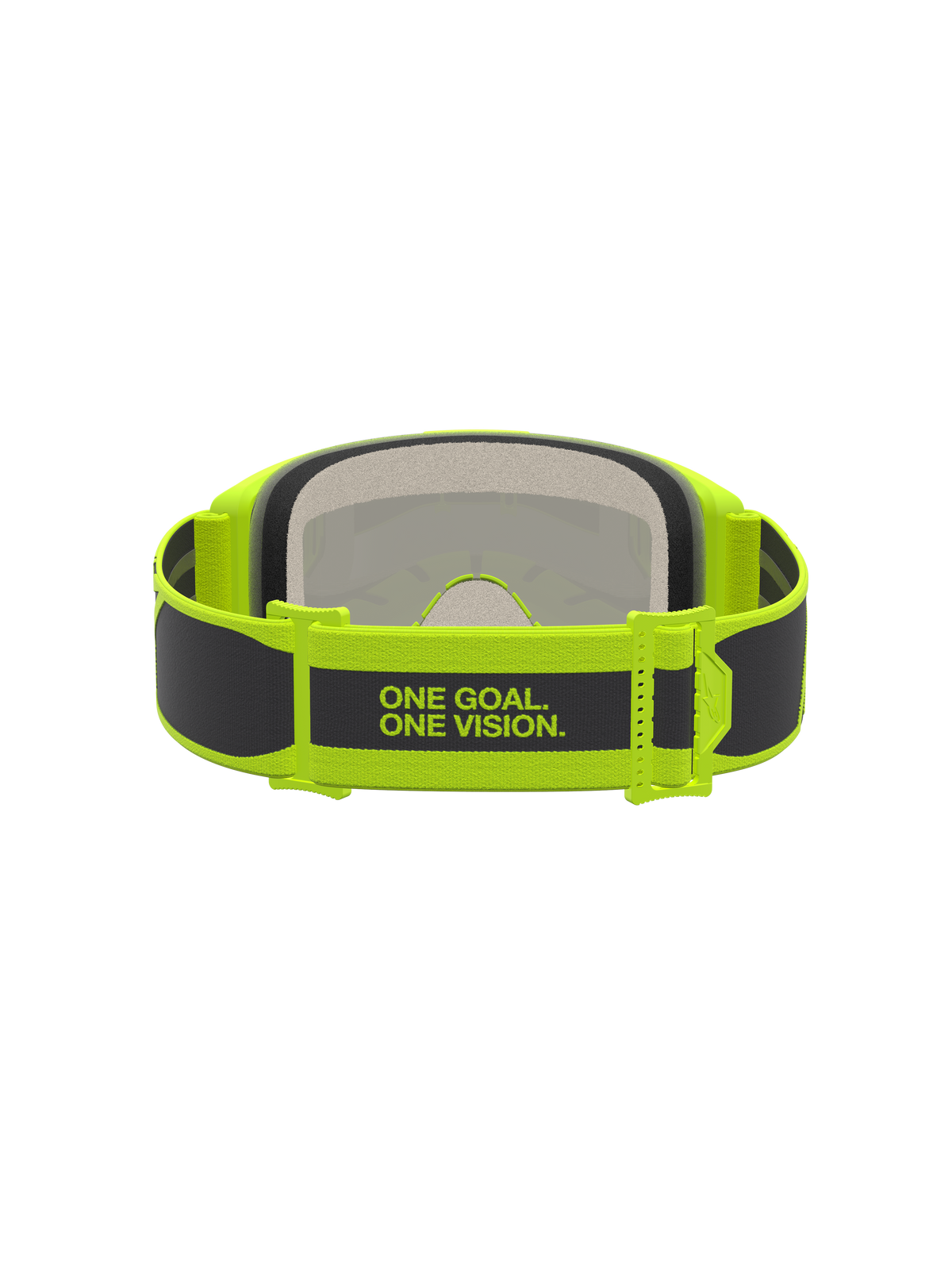 Alpinestars Vision 5 Rora goggles, motocross-goggles, sort og gul fluo, med 'ONE GOAL. ONE VISION.' rem og fleksibel A-FLEX ramme.